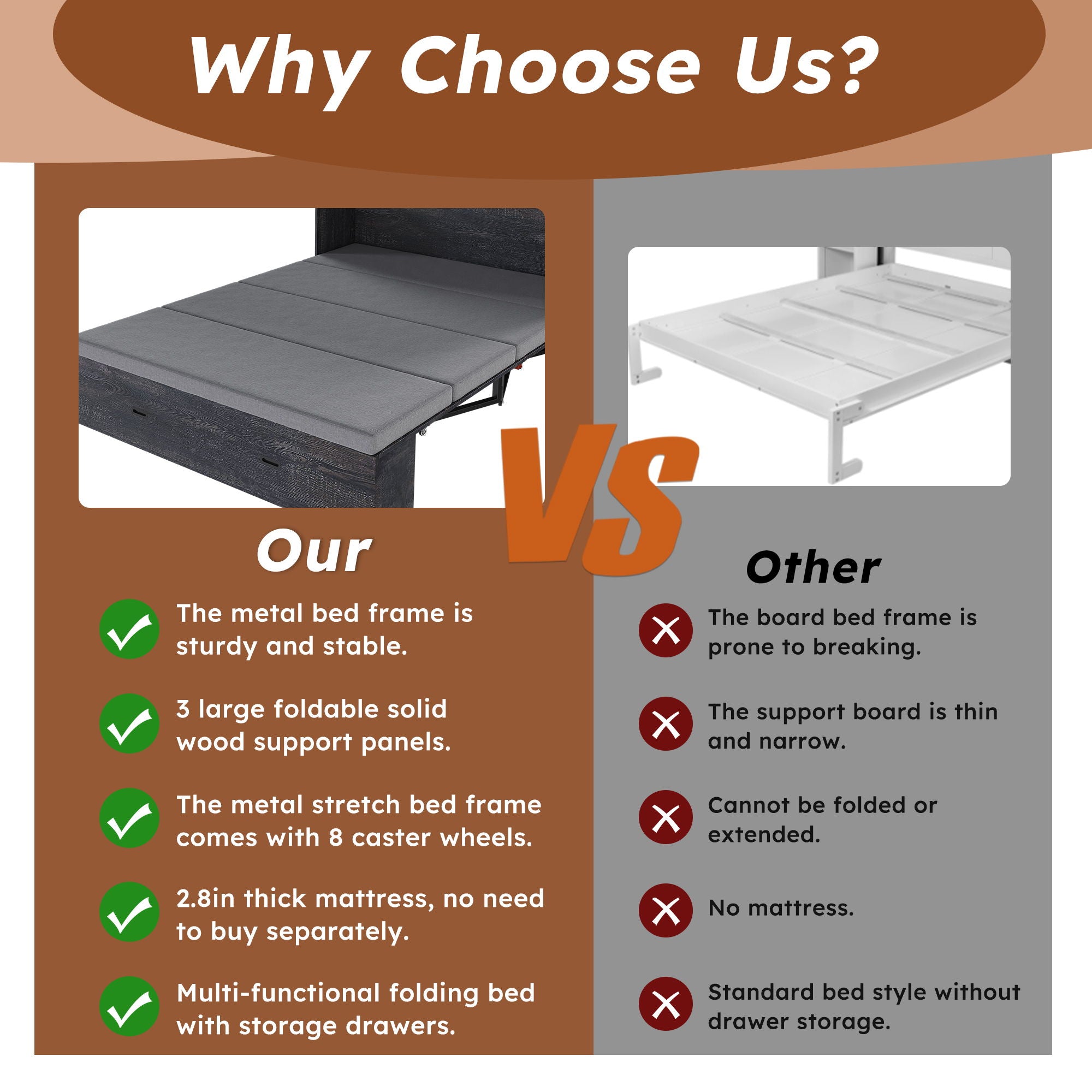 Murphy Bed With Storage Drawers And Charging Cabinet, Foldable Panels, Swivel Wheels