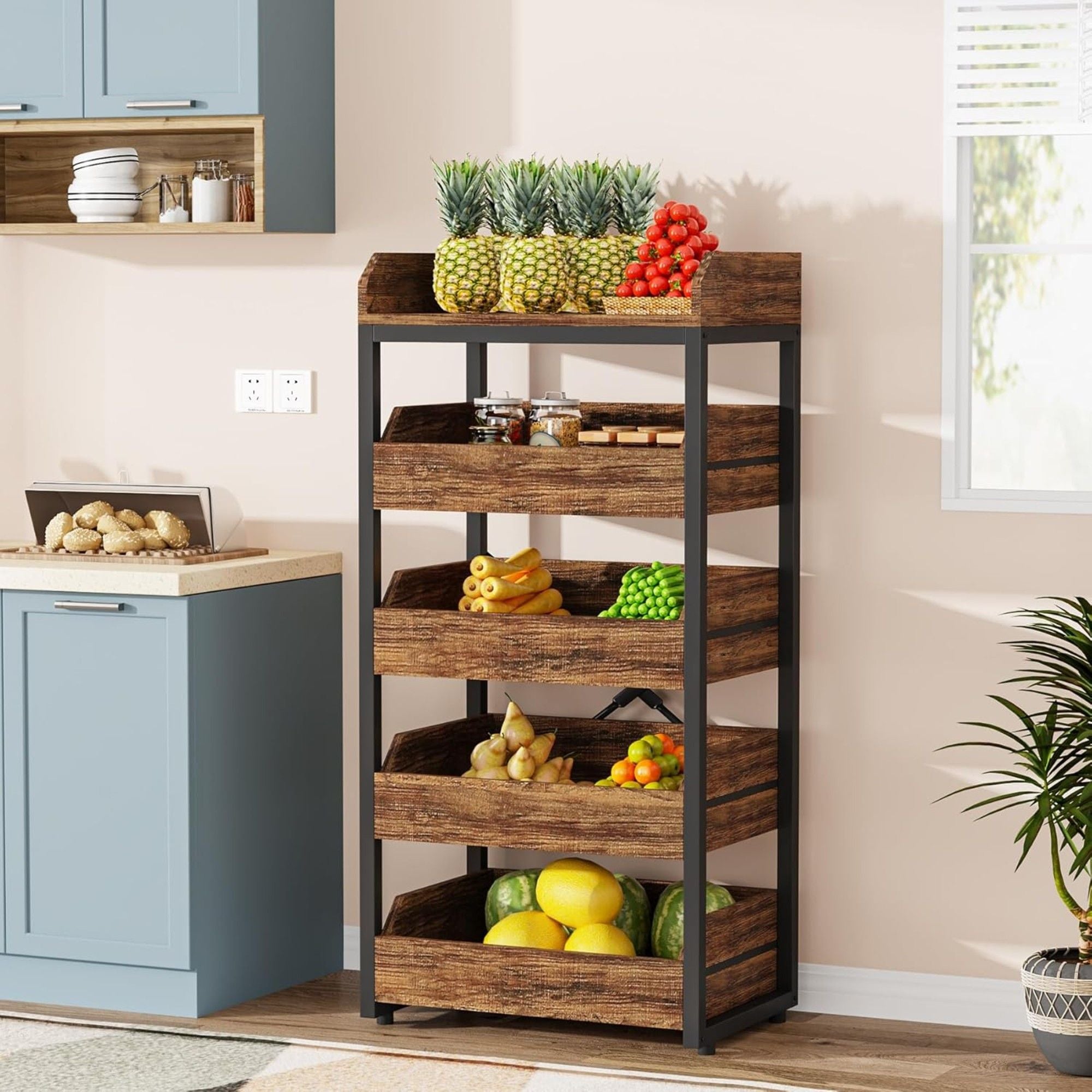 5 Tier Pull Out Fruit Vegetable & Snack Storage Rack - Brown / Black