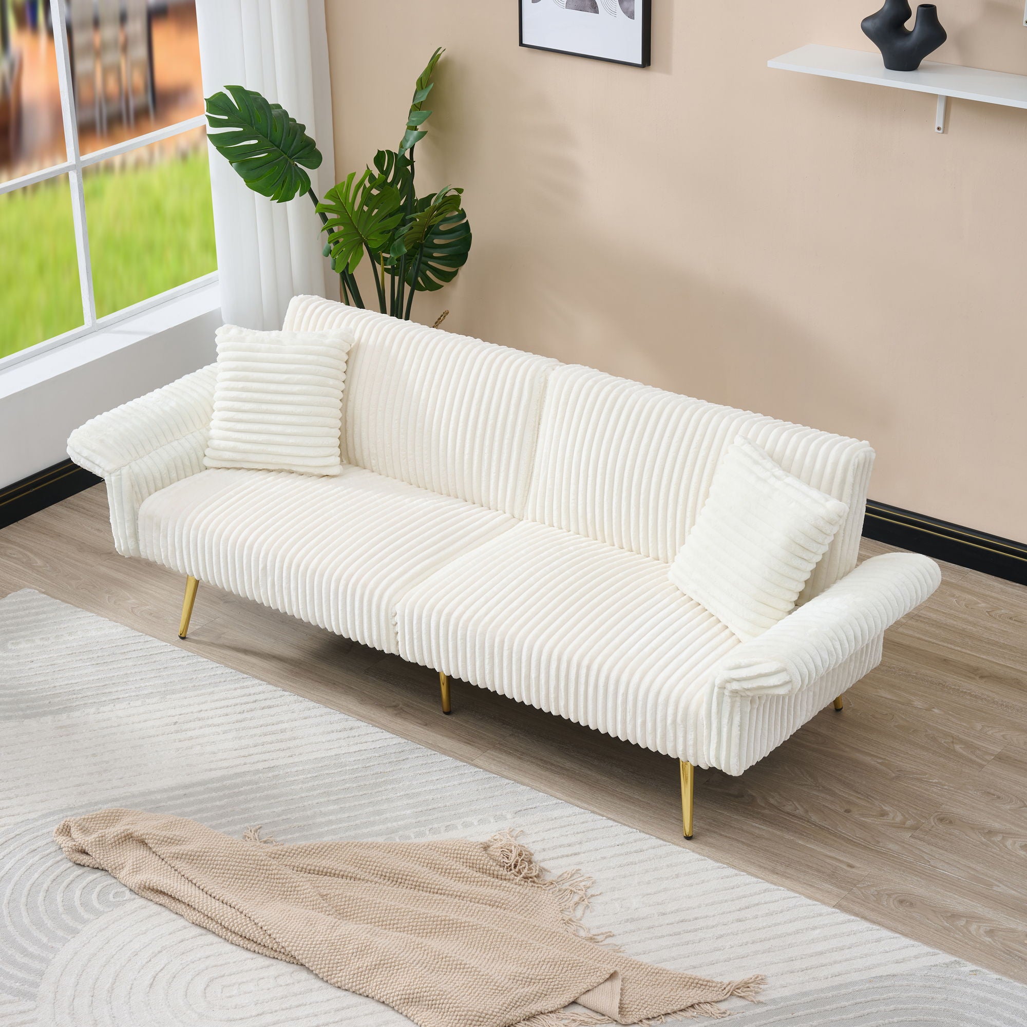 Luxury Corduroy Foldable Double Sofa Bed With Folding Armrests