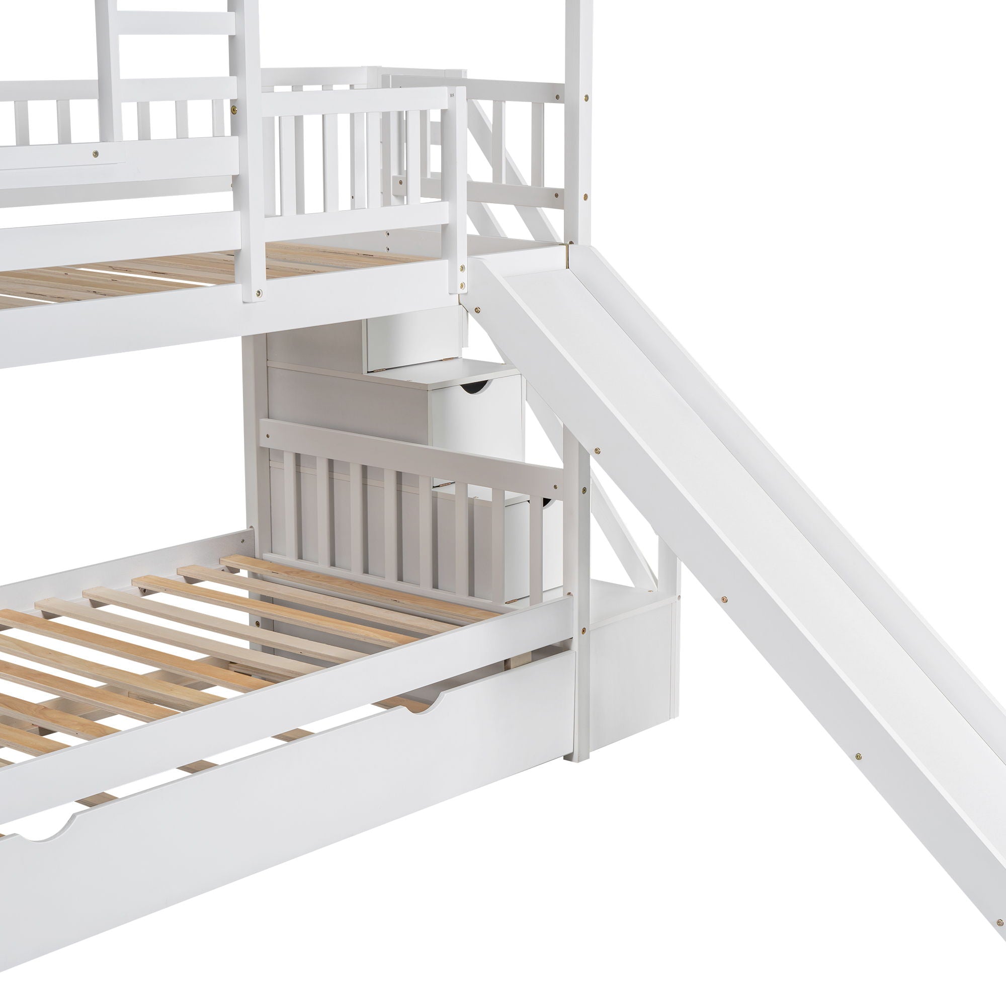 House Bunk Bed With Trundle, Storage Staircase, Roof And Window Design