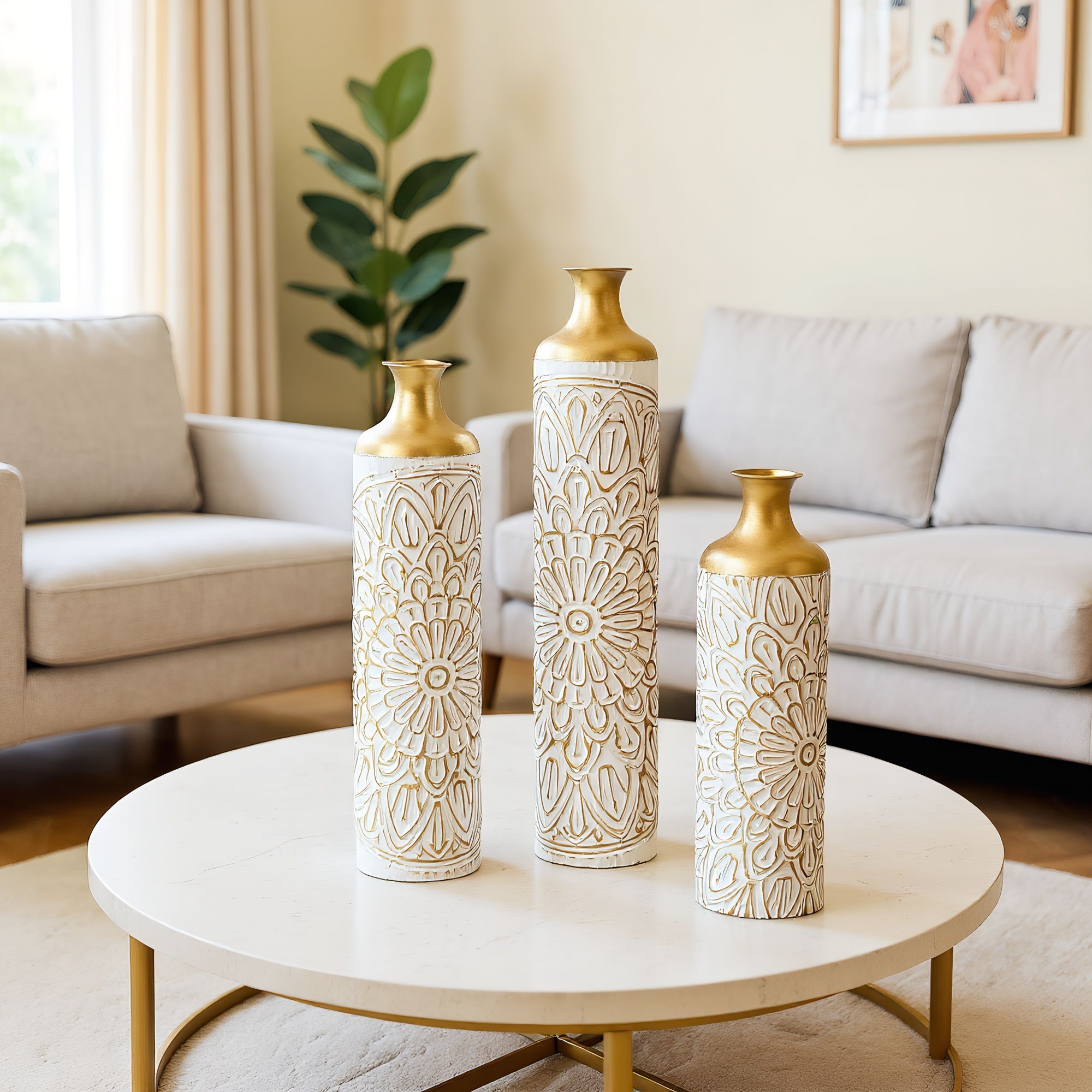 3 Piece Home Decoration Large Glazed Floor Vase Decoration Home Droplet Shaped - Gold / White - Best Buy Furniture