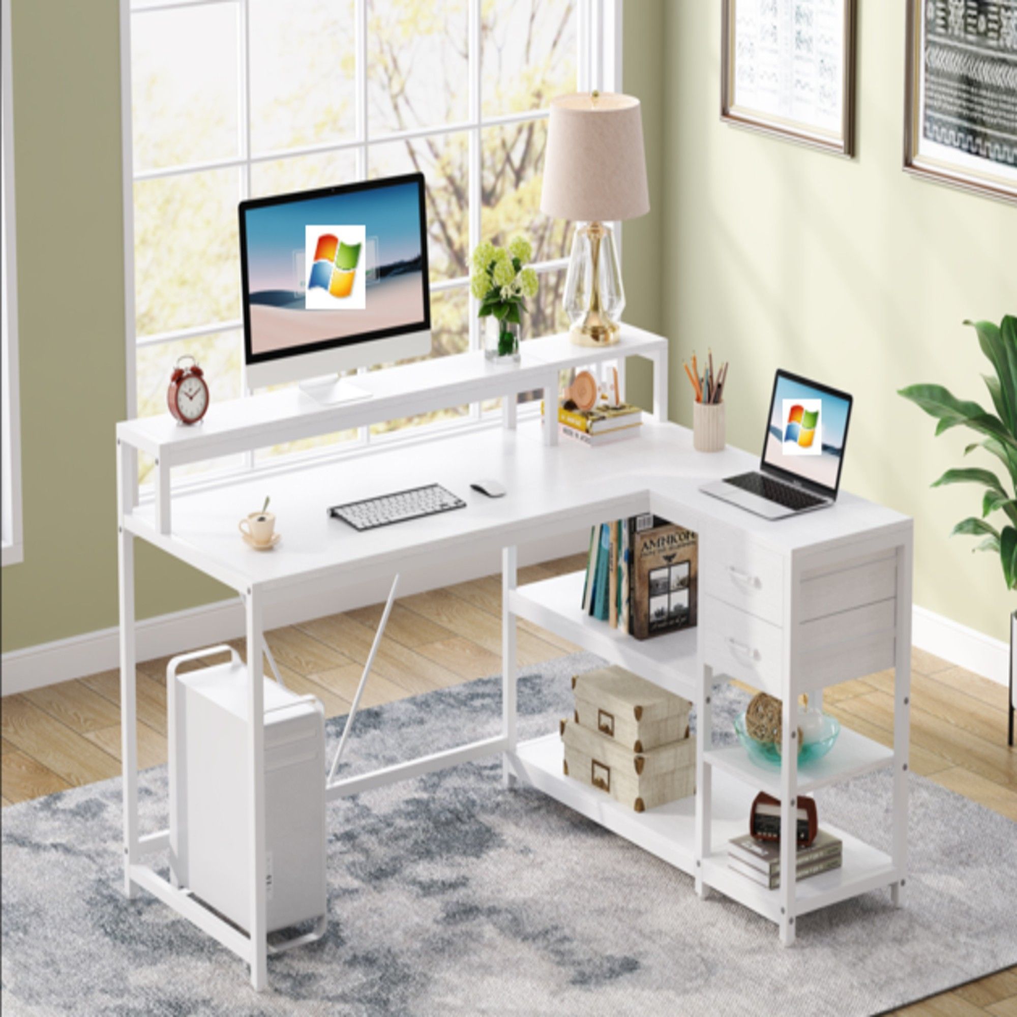 L-Shaped Home Office Desk With Monitor Riser, Drawers, And Storage Shelves