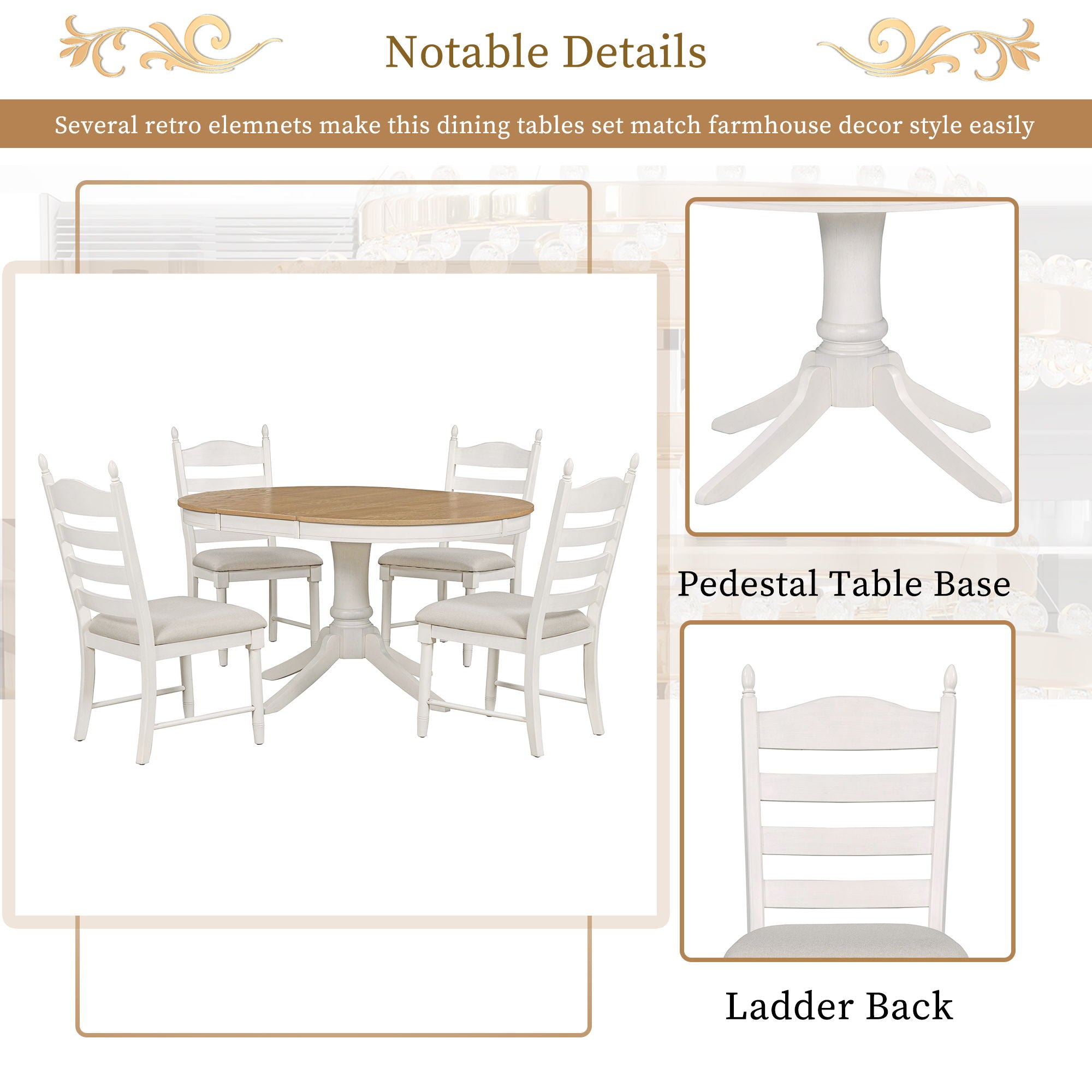 5 Piece Retro Functional Dining Table Set With Extendable Round Table And Upholstered Chairs