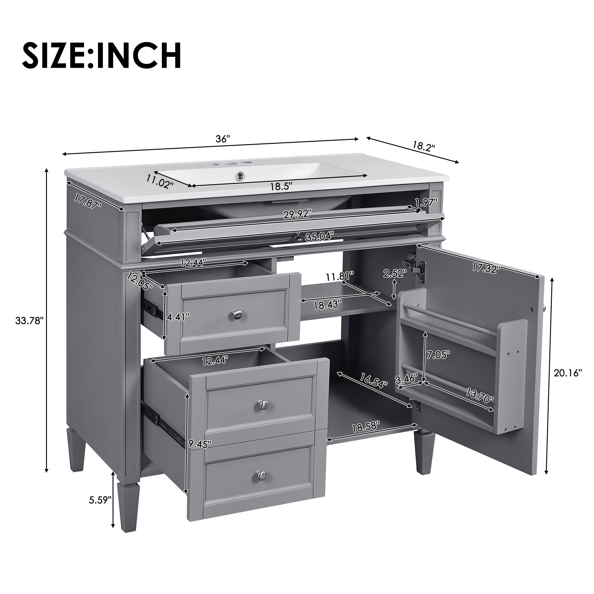 Bathroom Vanity With Mirror Cabinet, Single Sink With 2 Soft Closing Doors And 4 Drawers