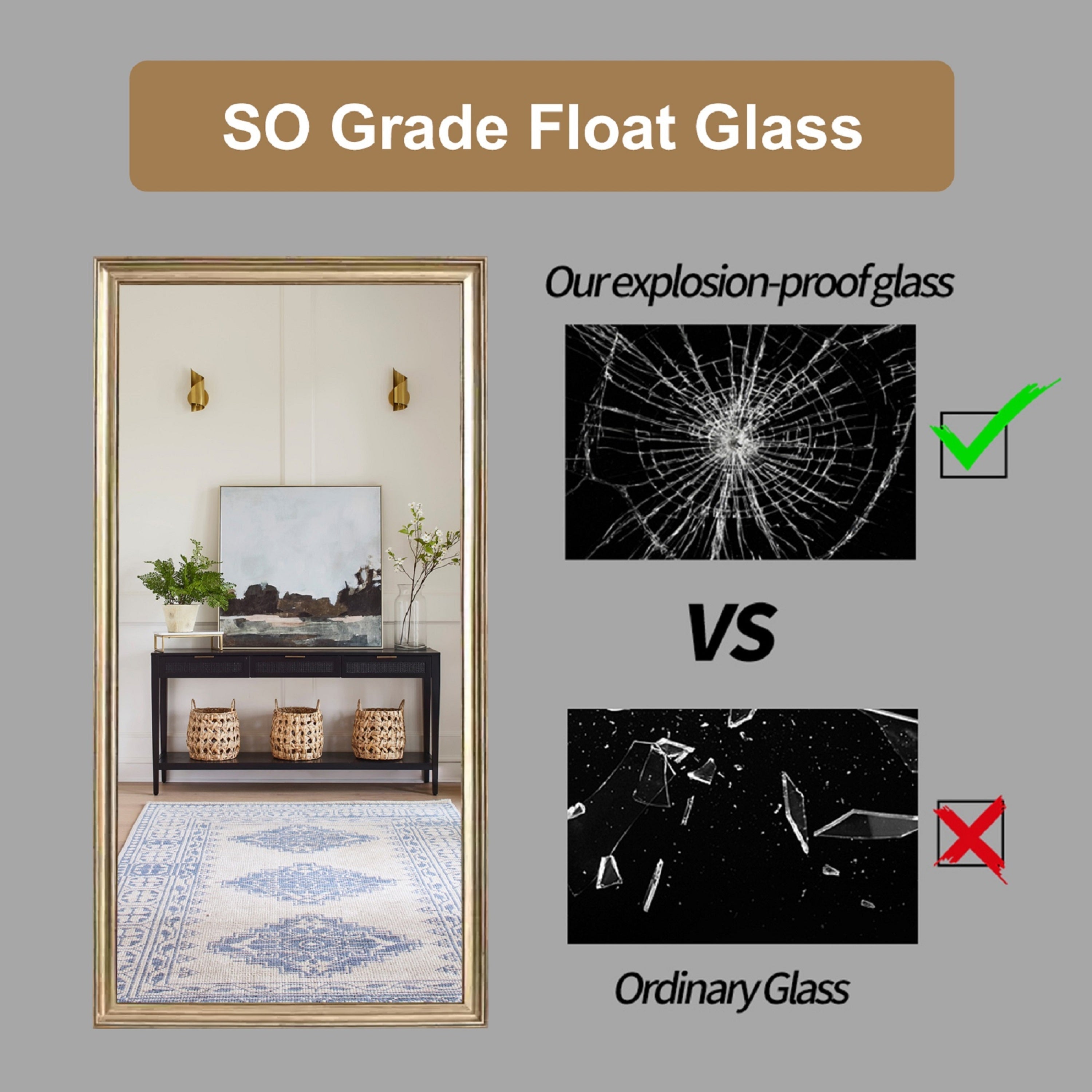 70' x 32' Gold Full Length Floor Mirror with PS Frame, Large Wall Mounted or Leaning Body Mirror for Bedroom, Living Room, Entryway