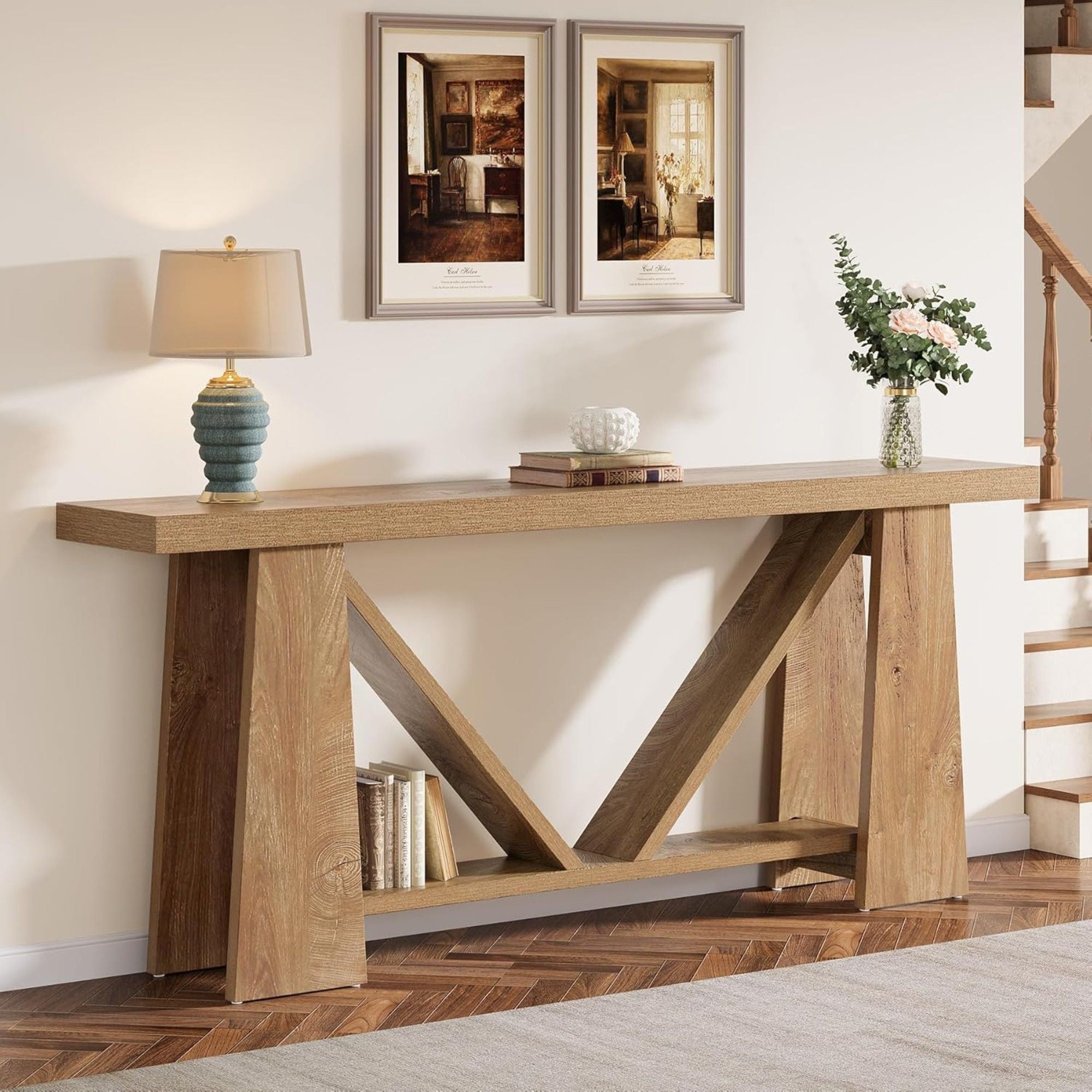 Slim 2 Tier Entryway Accent Extra Long Console Table For Living Room - Natural / Light Brown