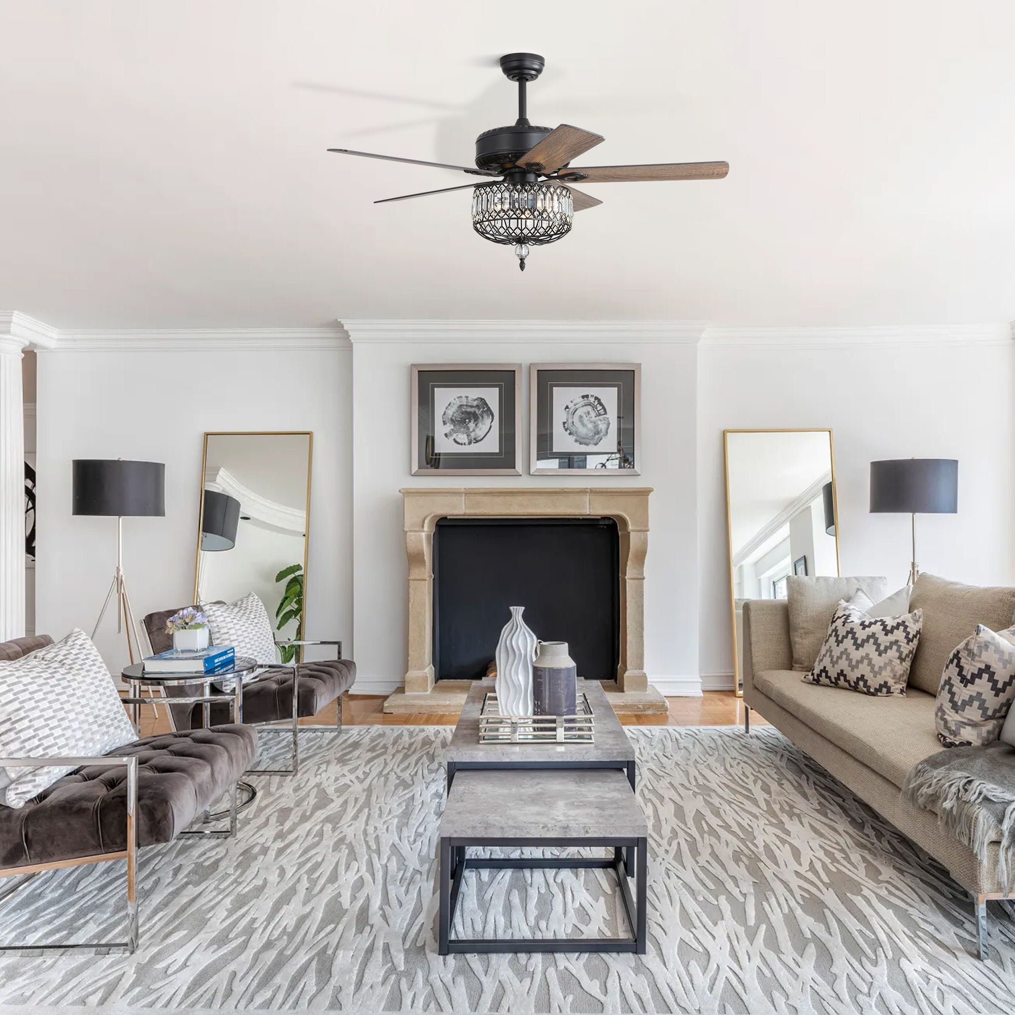 Ceiling Fan With Crystal Lampshade, 5 Blades, DC Motor, 6 Speed Remote Control, 1 / 4 / 8 Hour Timer - Black