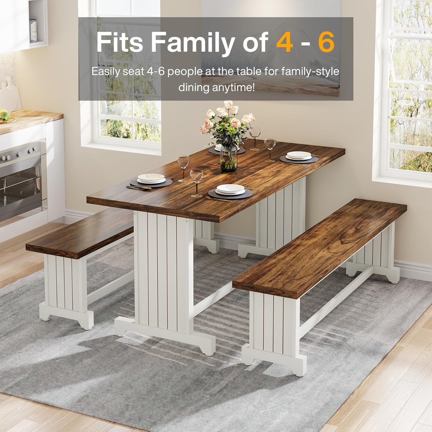 3 Piece Dining Table Set For 2 - 4, With Space Saving Benches - Brown / White