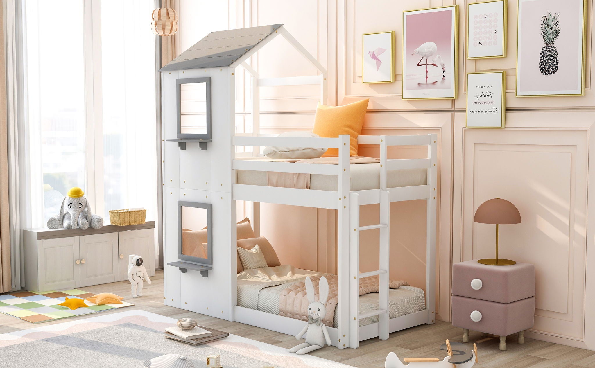 Bunk Bed Wood Bed & Roof, Window, Guardrail, Ladder