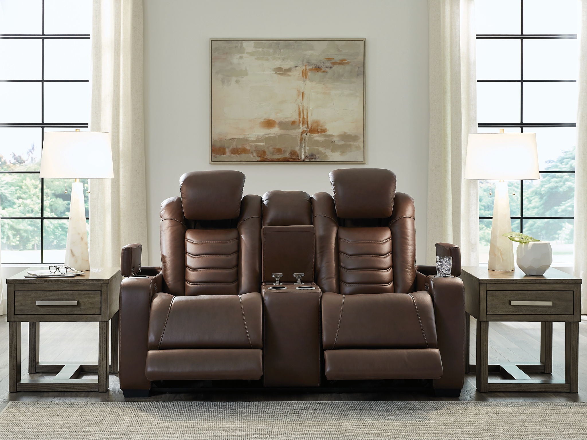 High Impact - Power Reclining Loveseat With Console / Adj Hdrst - Tobacco