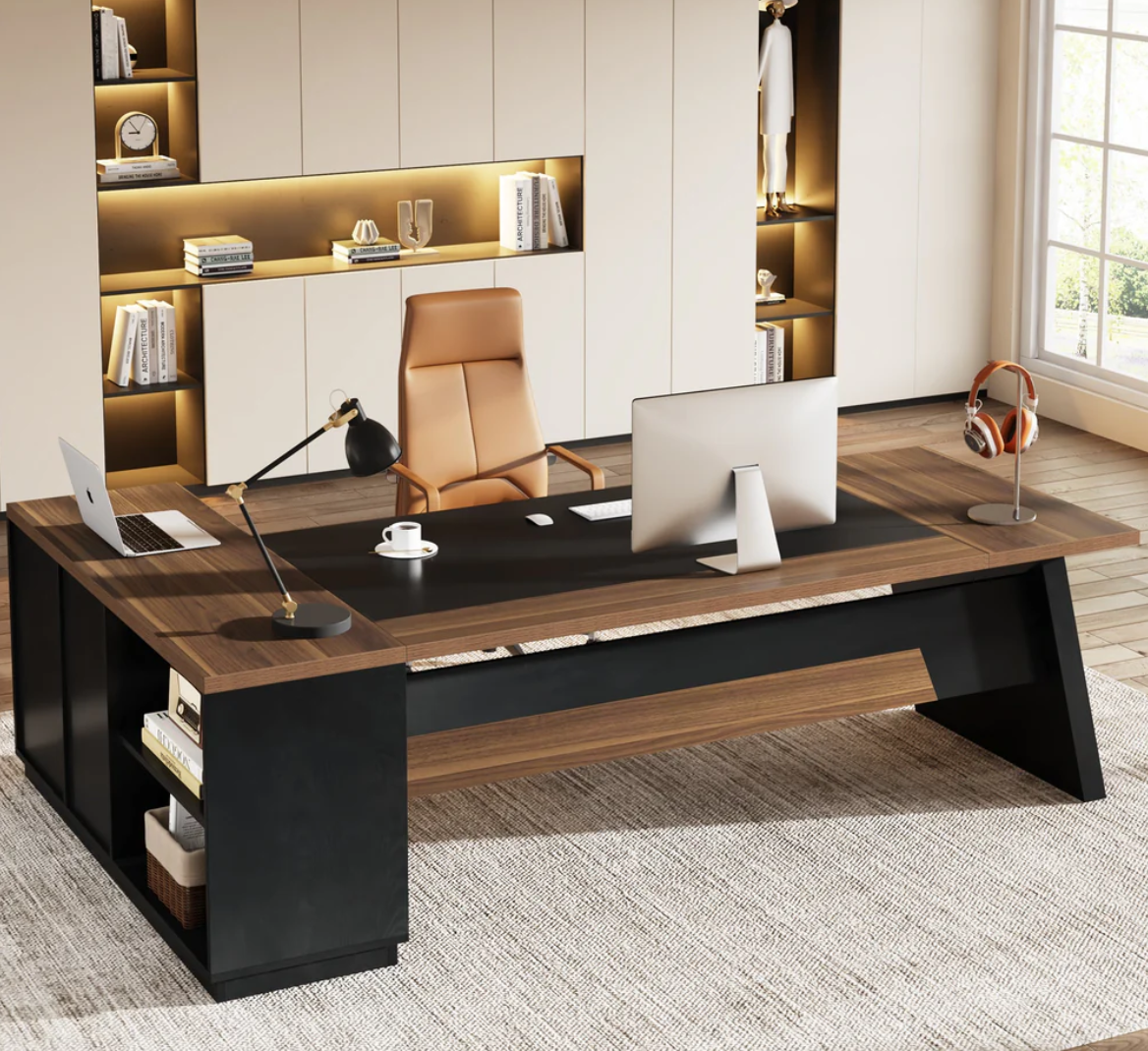78.7' L-Shaped Executive Desk with File Cabinet & Drawers, Large Modern Home Office Computer Workstation with Storage Shelves, Light Walnut + Black