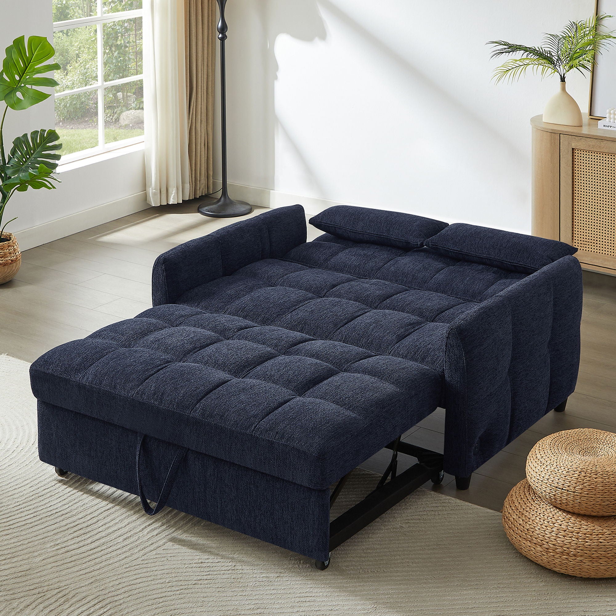 Loveseat Sofa Pull-Out Bed With Adjustable Backrest, 3 USB Ports And 2 Lumbar Pillows For Living Room