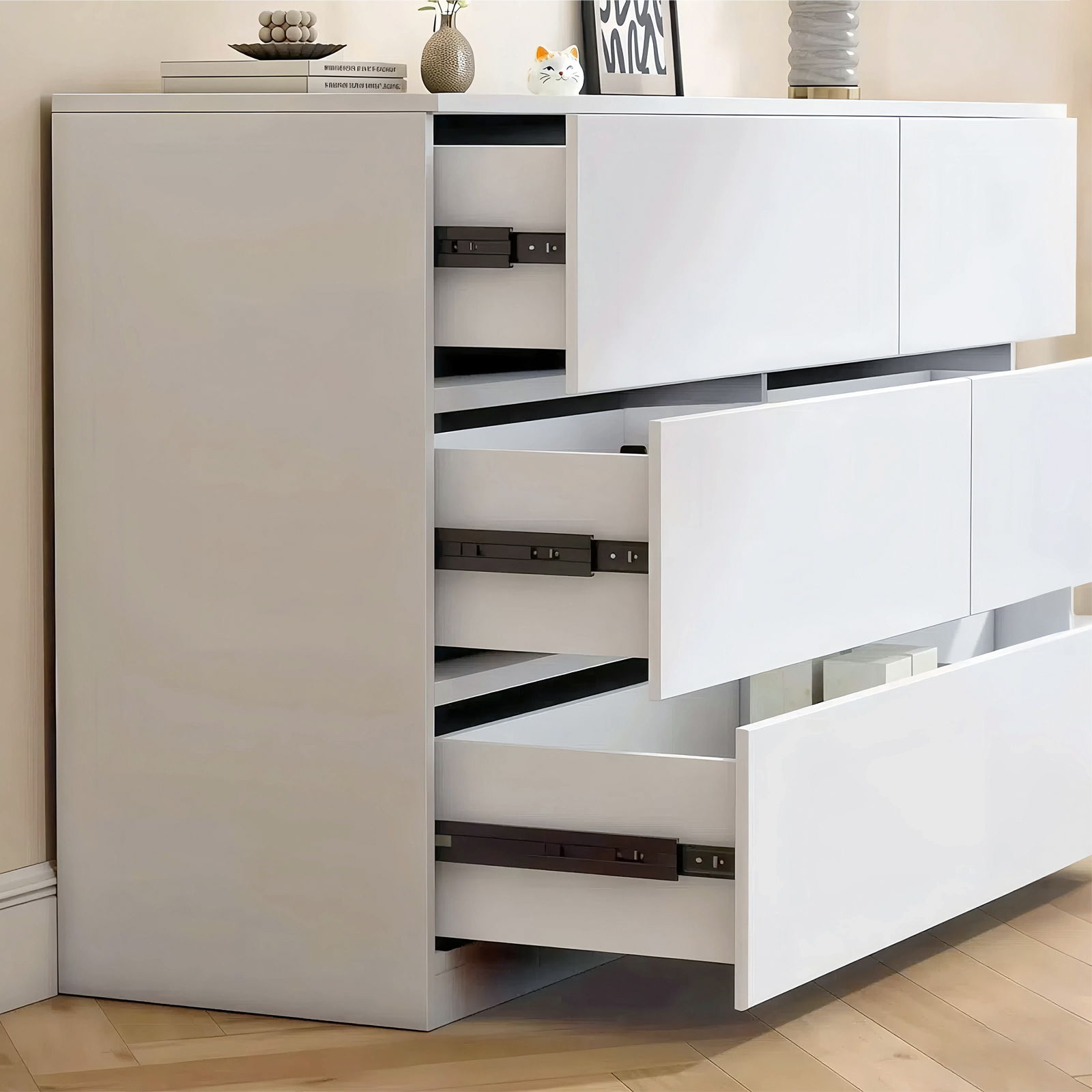 Modern 6 Drawer Dresser With Spacious Countertop And Concealed Handles, Storage Cabinet For Bedroom And Living Room - White
