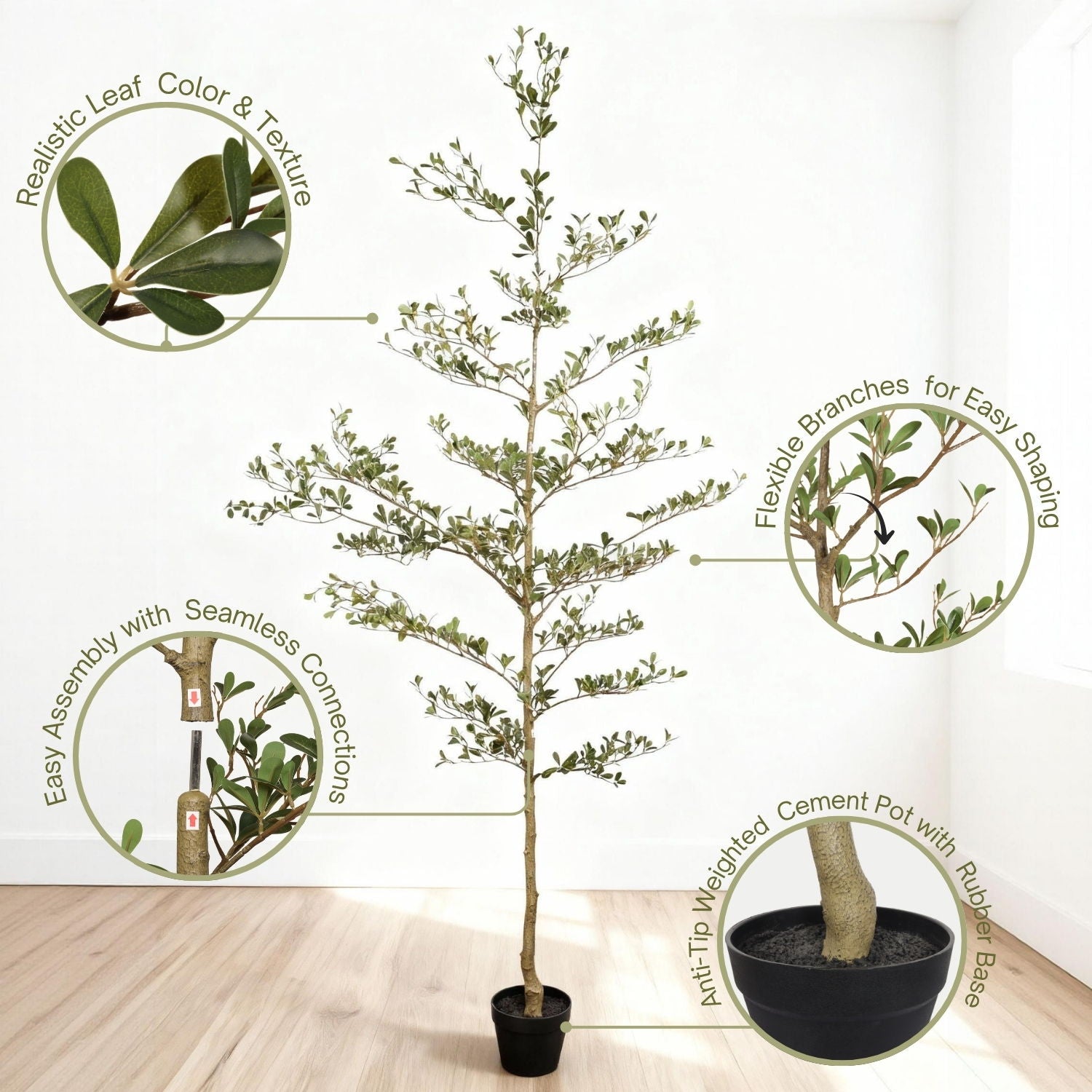 7Ft Artificial Olive Tree With Pot, Realistic Tall Fake Plant For Indoor Decoration - Green Leaves