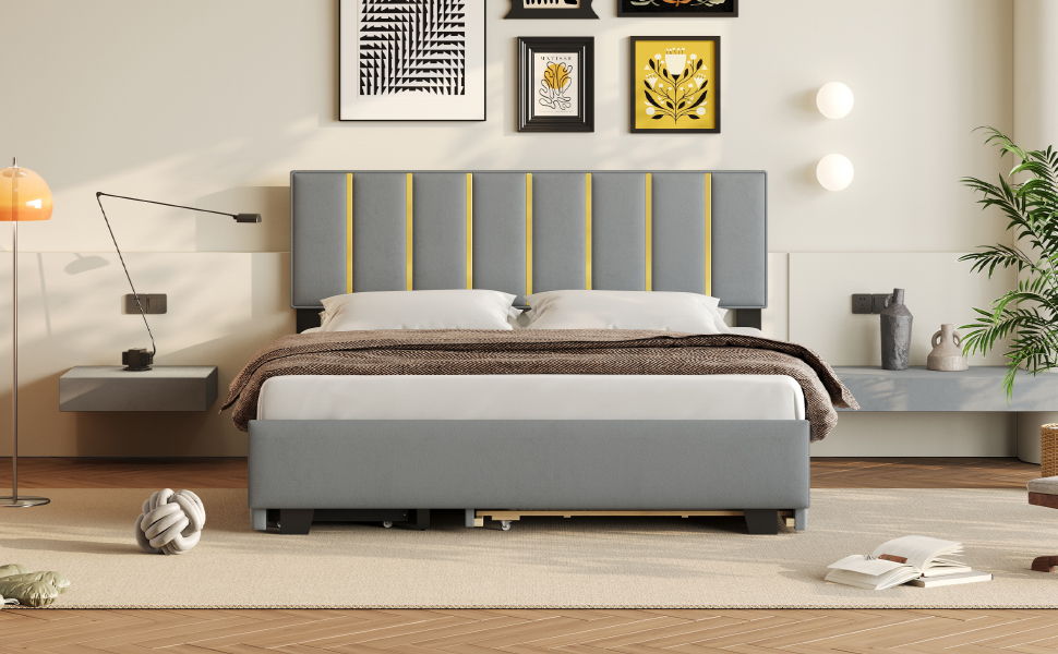Upholstered Platform Bed With 2 Drawers And 1 Trundle, Classic Strip Headboard Design