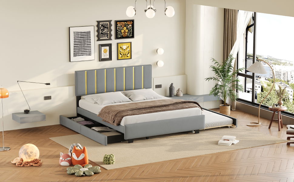 Upholstered Platform Bed With 2 Drawers And 1 Trundle, Classic Strip Headboard Design