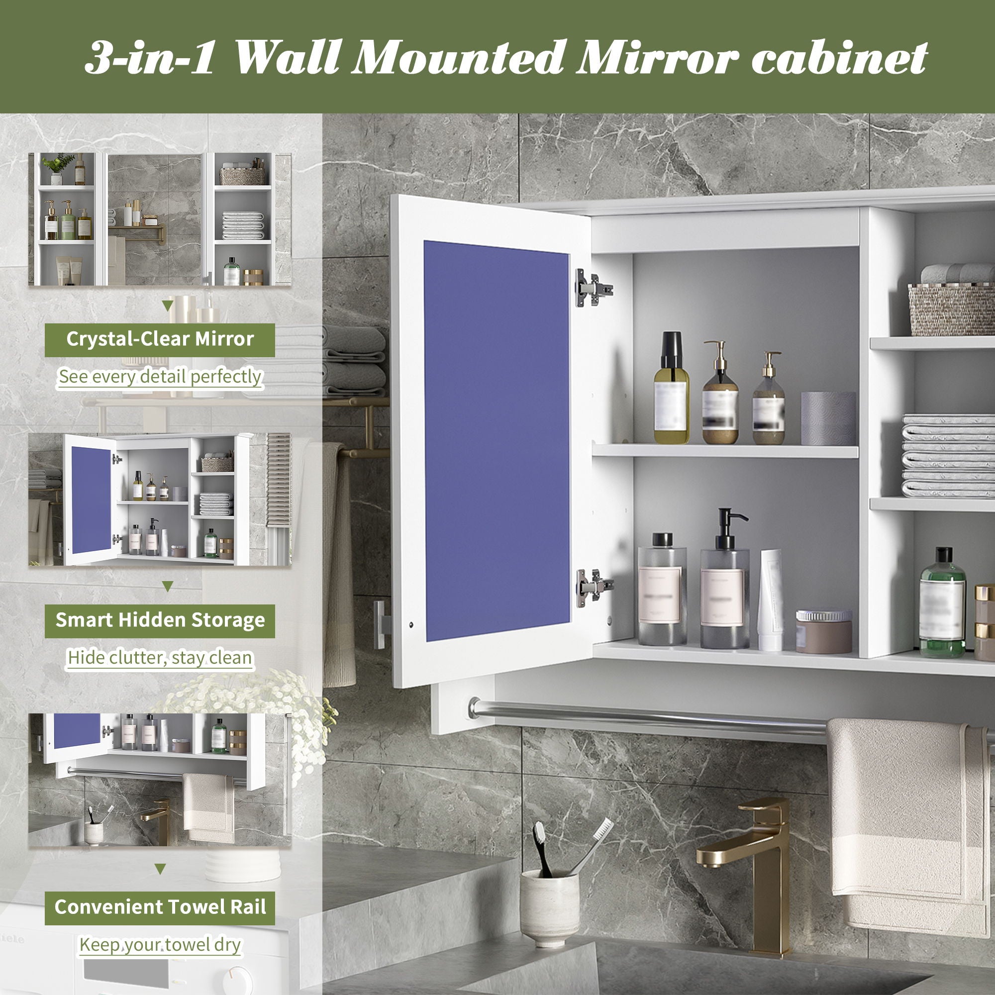 Modern Wall Mounted Mirror Cabinet With Adjustable Shelf, Soft Close Door, And Towel Bar