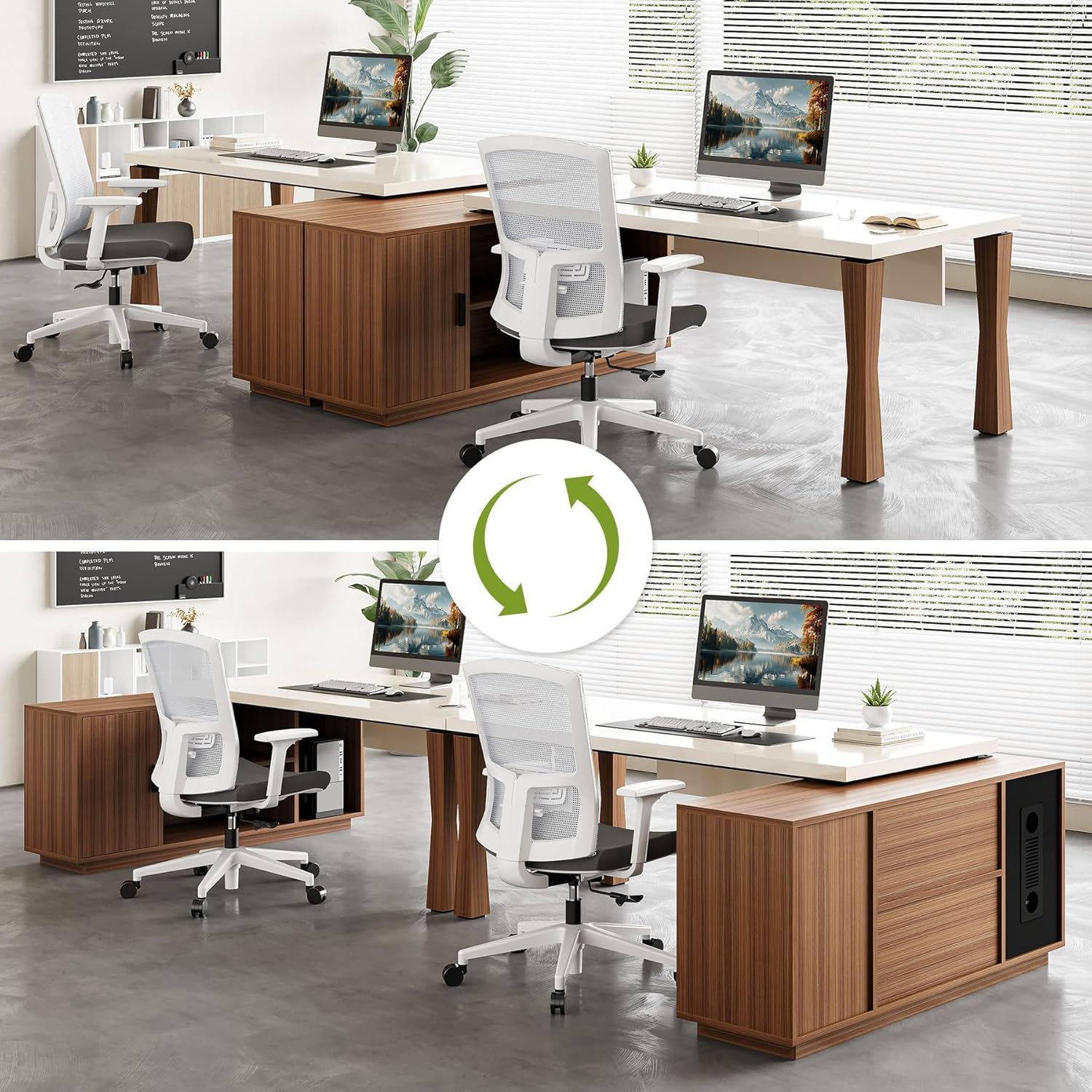 L-Shaped Executive Desk With Storage Cabinet, Home Office Workstation With Shelves - White / Walnut