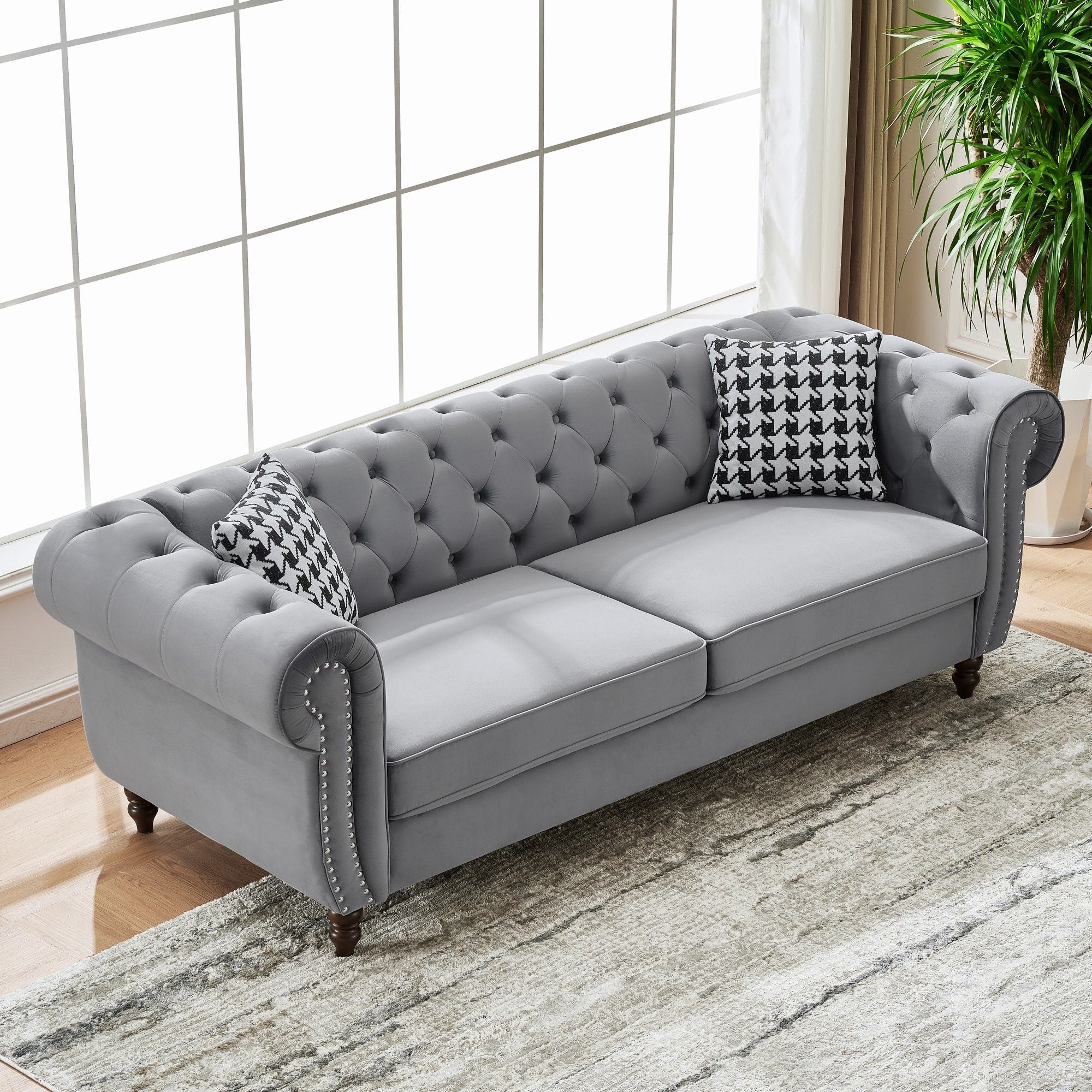 Chesterfield Velvet Upholstery Fabric Sofa With Roll Armrest & Nailhead, Mid Century Modern 3 And 3 Seater Couch