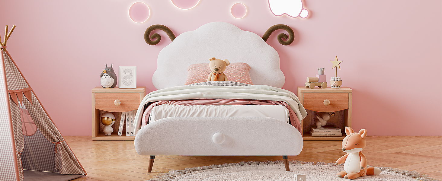 Upholstered Platform Bed With Sheep Shaped Headboard