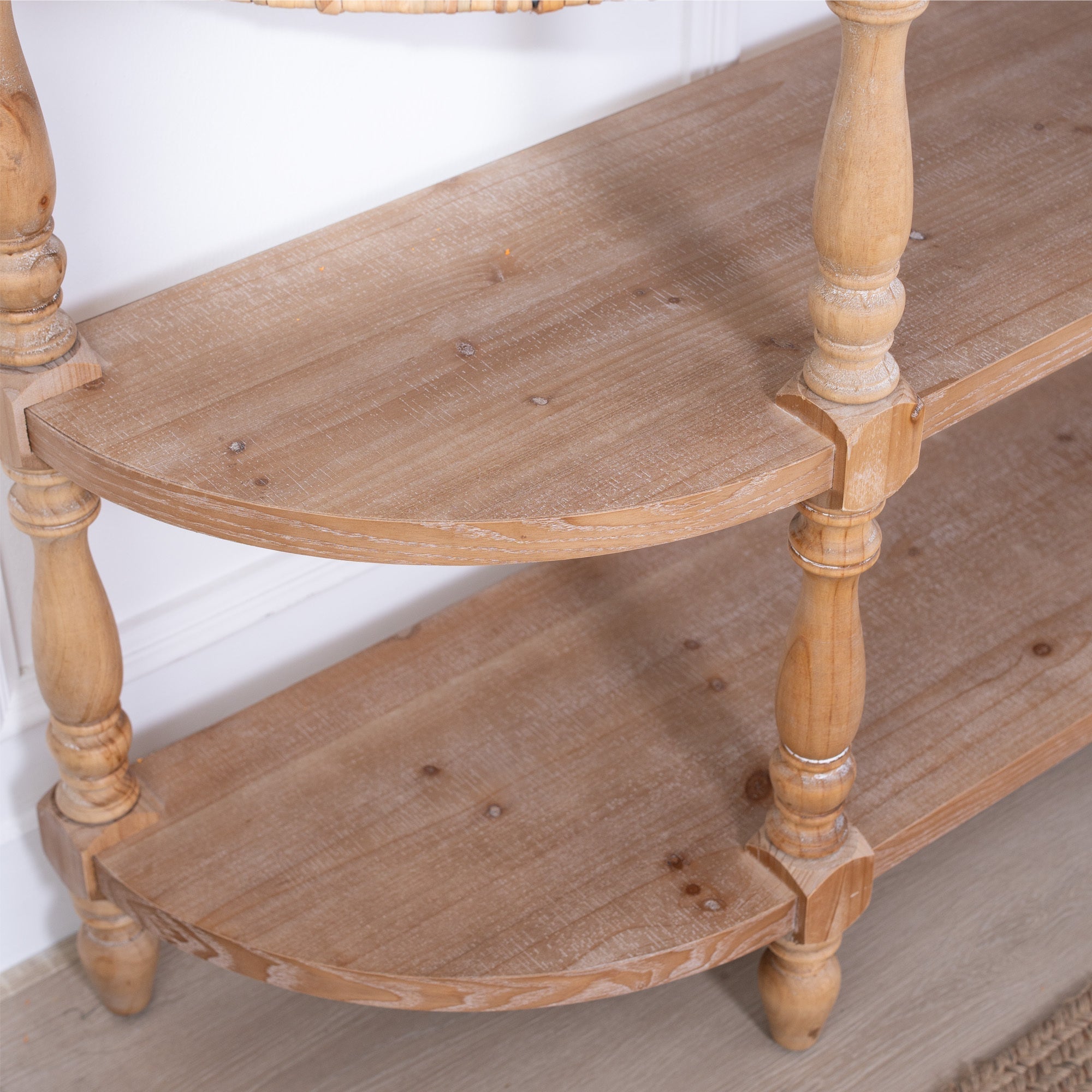 Handcrafted Wood Console Table with Hand-Woven Trim, 3-Tier Storage Shelves, Oval Entryway Table with Carved Legs, Rustic Coastal Farmhouse Accent Table, 49' Hallway Sofa Table