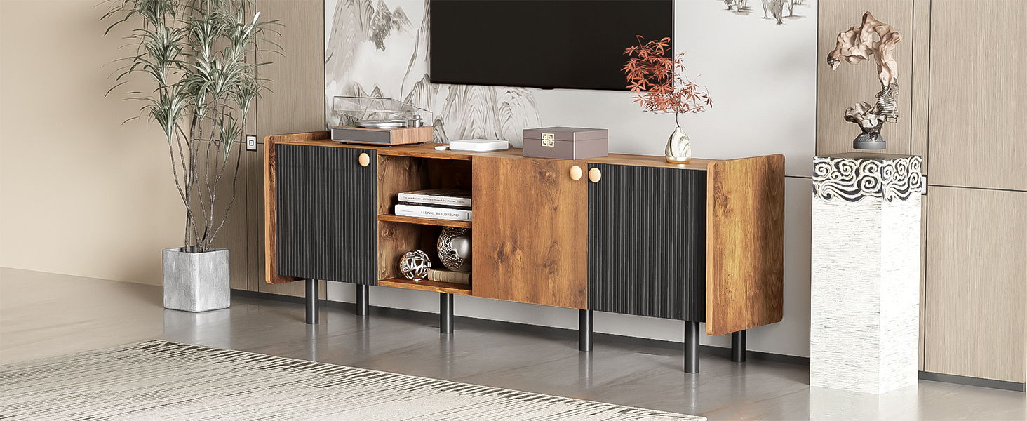 Mid Century TV Stand & 3 Cabinets, Media Console Table For Tvs Up To 70'', Entertainment Center With Storage For Living Room - Black / Brown