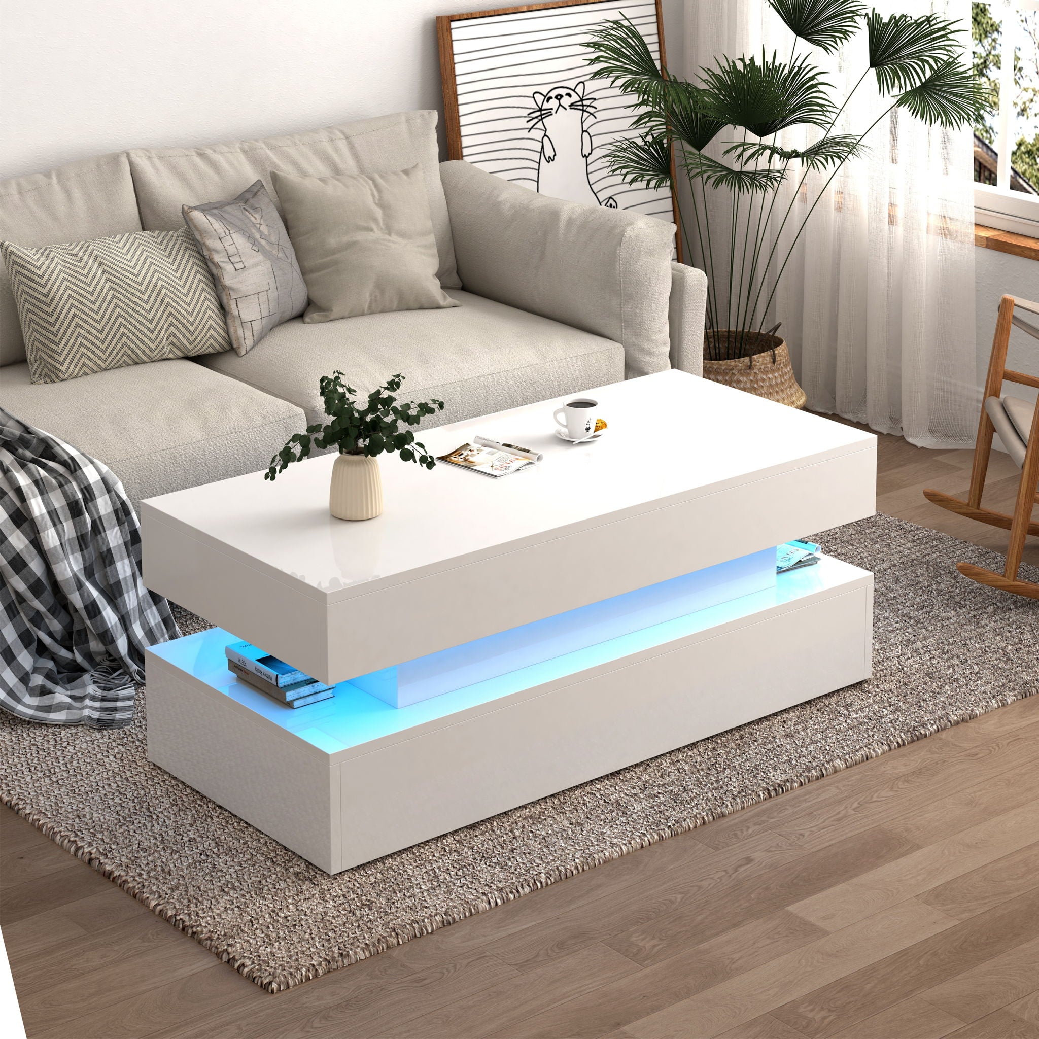 Contemporary Foldable Coffee Table With Drawers And LED, 3 Tier Design