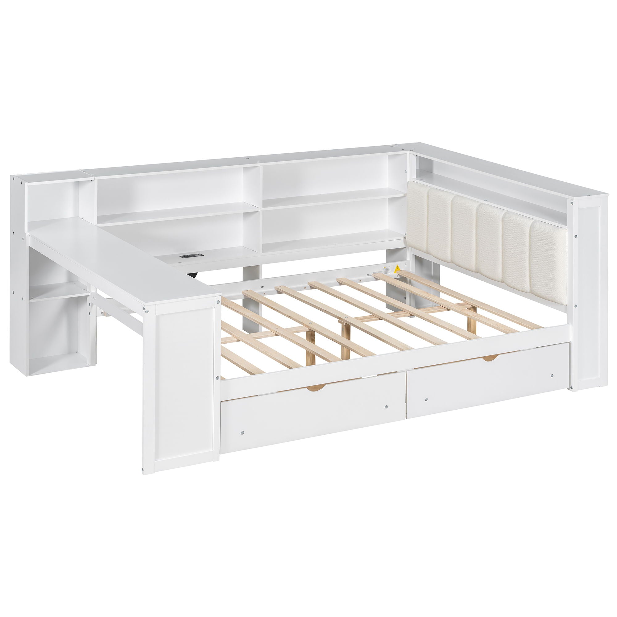 Platform Bed With Upholstered Headboard, Storage Shelves, Drawers, Charging Station, LED Lighting, Built In Desk