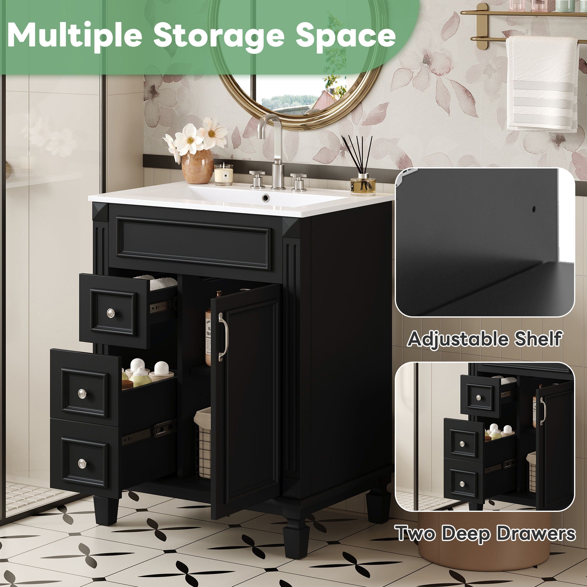 Bathroom Vanity With Sink, Compact Cabinet & 2 Drawers And Adjustable Shelf