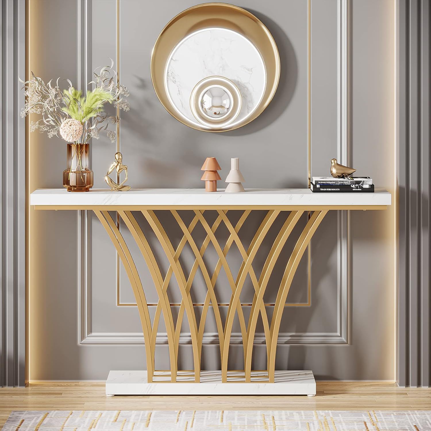 Console Table With Grid Base For Living Hallway - White / Gold