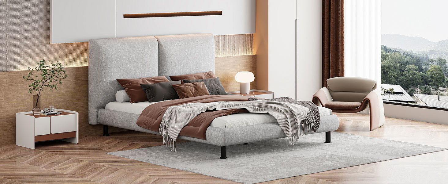 Upholstered Platform Bed With 2 Large Headrests And Thick
