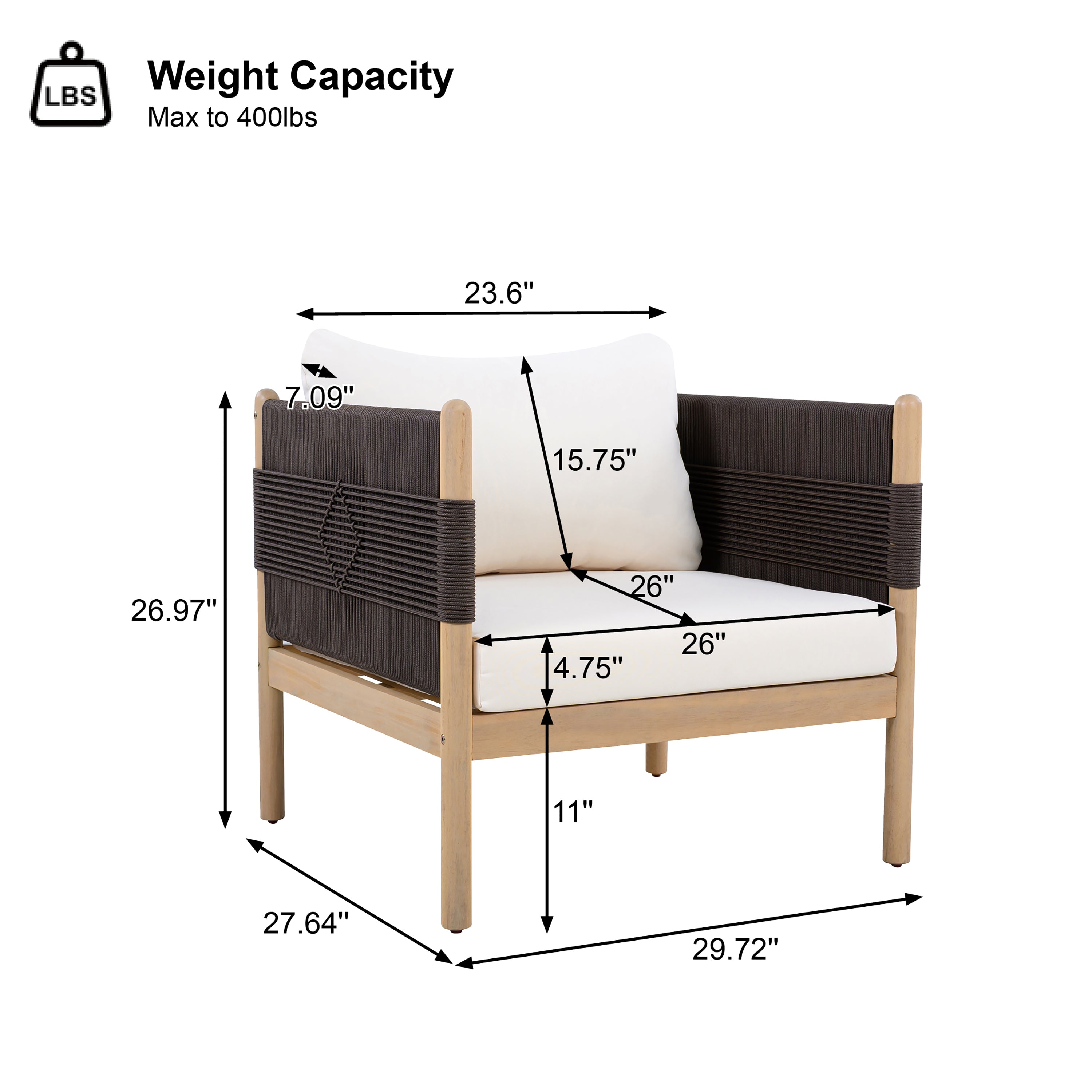 Outdoor Acacia Wood Club Chair with Diamond Rope Weave & Cushions, Light Teak