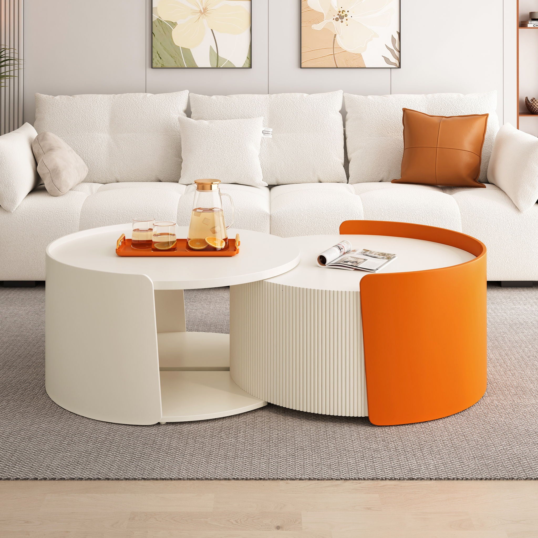Modern Round Nesting Coffee Table With Extendable Sliding Top