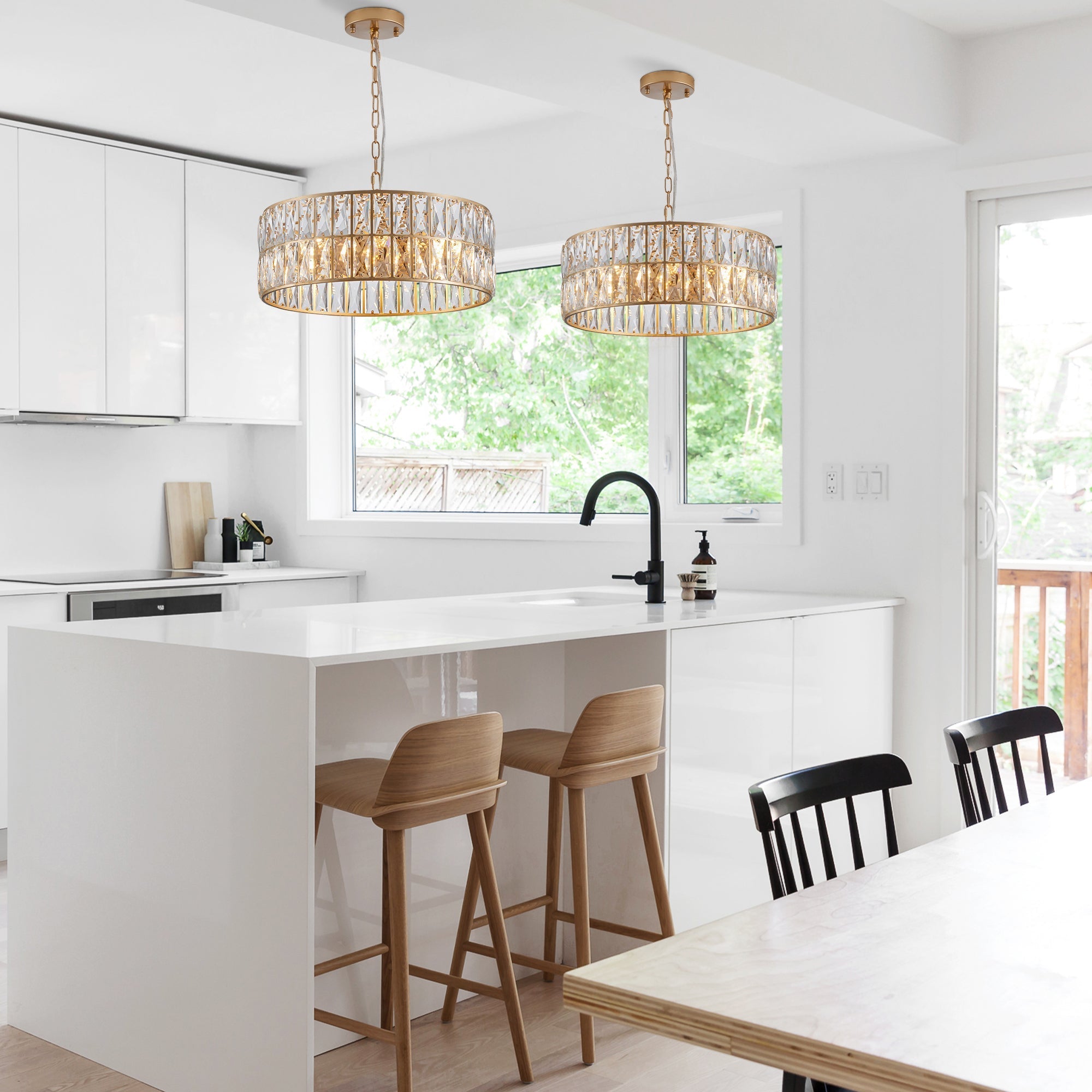 (L5025-450-G/W1340P189450)18' Golden Modern Crystal Drum Chandelier, 6-Light Pendant Lighting Fixture with Metal Frame for Living Room, Dining Room, and Bedroom (Bulbs Not Included)