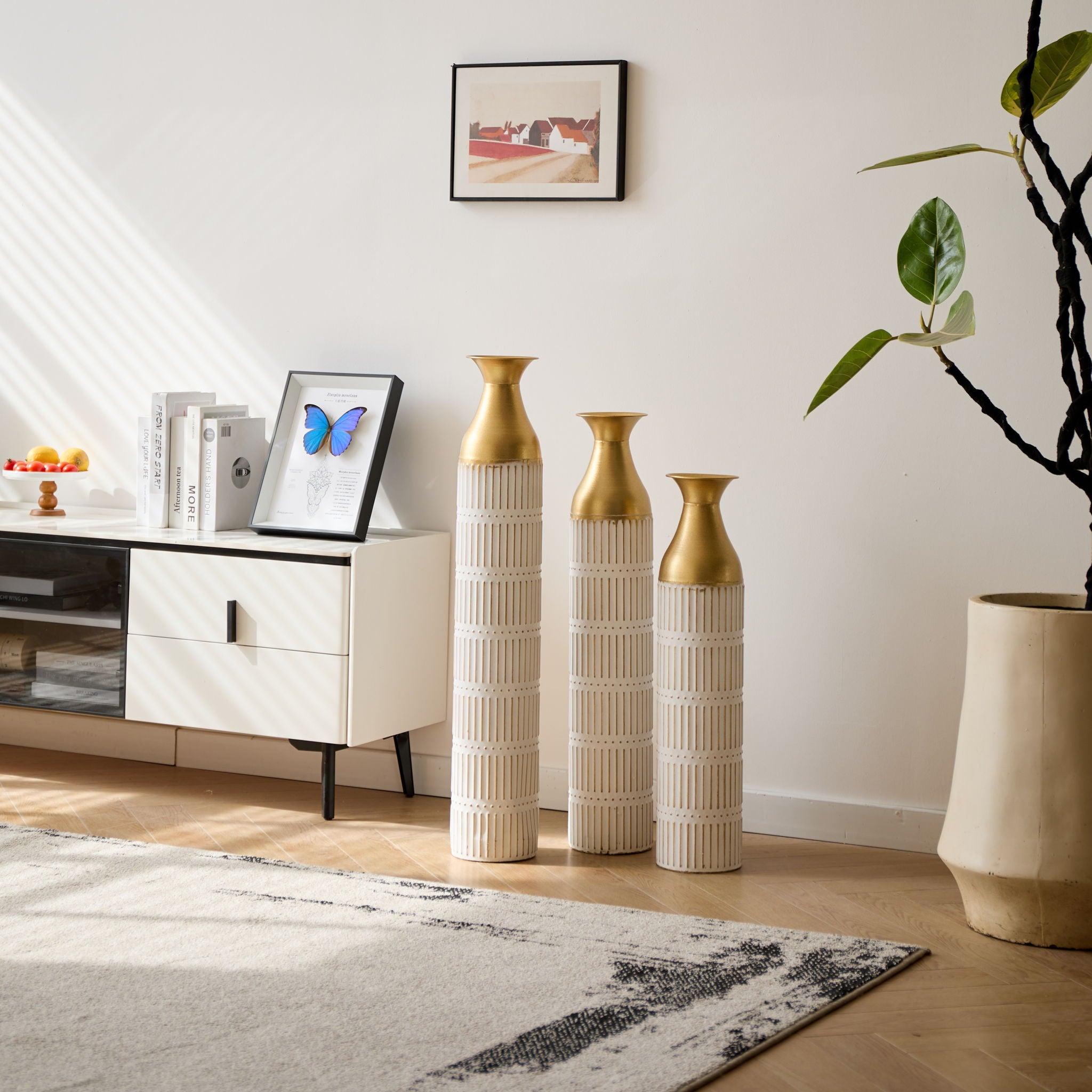 Floor Metal Vases Decorated White Metal Vases (Set of 3) Gorgeous Home Decoration Large Glazed Metal Vases - White - Best Buy Furniture