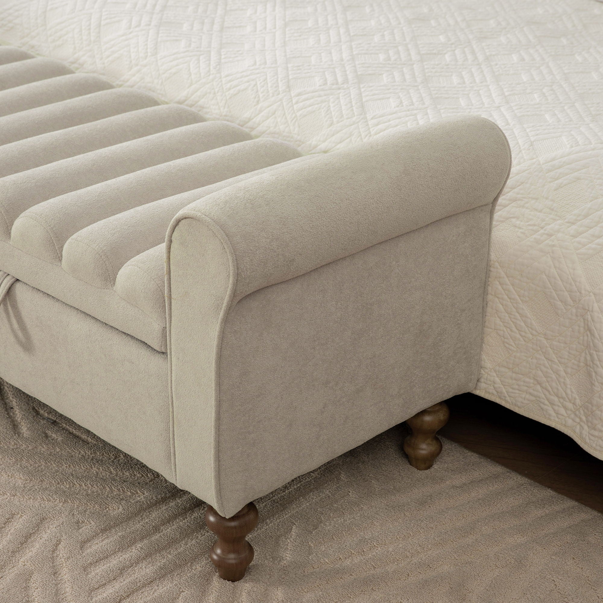 Wide Upholstered Storage Bench With Rolled Armrest For Bedroom - Griege