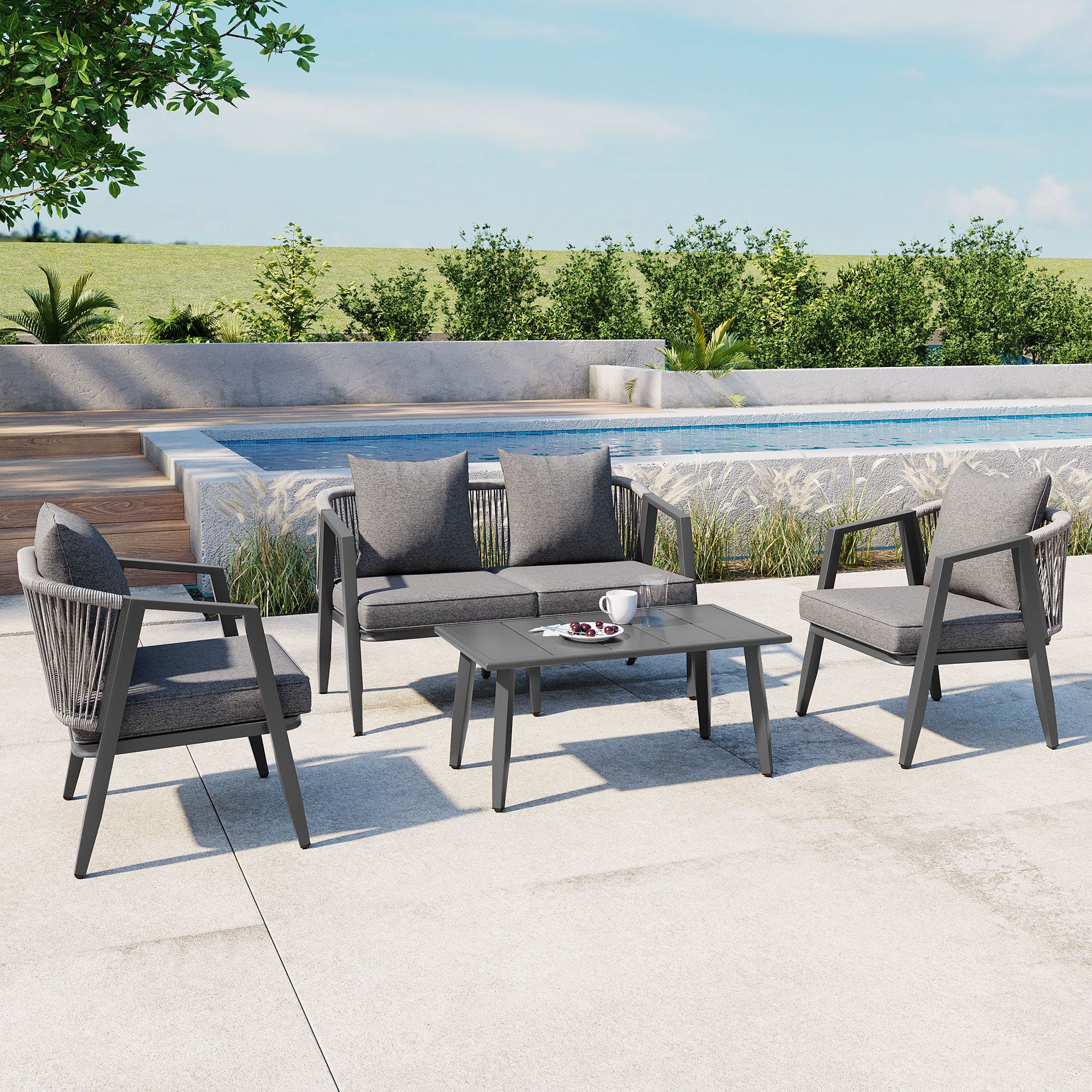 Santorini 4-Piece Outdoor Set in Black Iron with Grey Performance Cushions