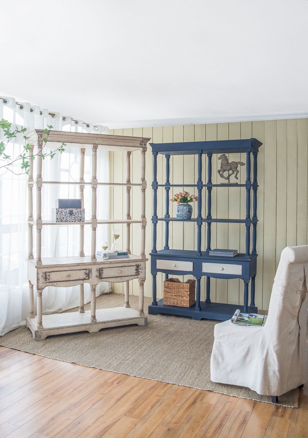 4 Tiered Wooden Shelf With Two Drawers, Farmhouse Wood Bookcase Display Storage Shelf Etageres - Antique Navy Blue