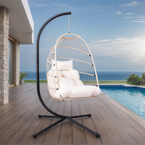 Outdoor Egg Hanging Chair with Stand, Patio Wicker Swing Egg Chair Indoor Swinging Chair Outdoor Hammock
