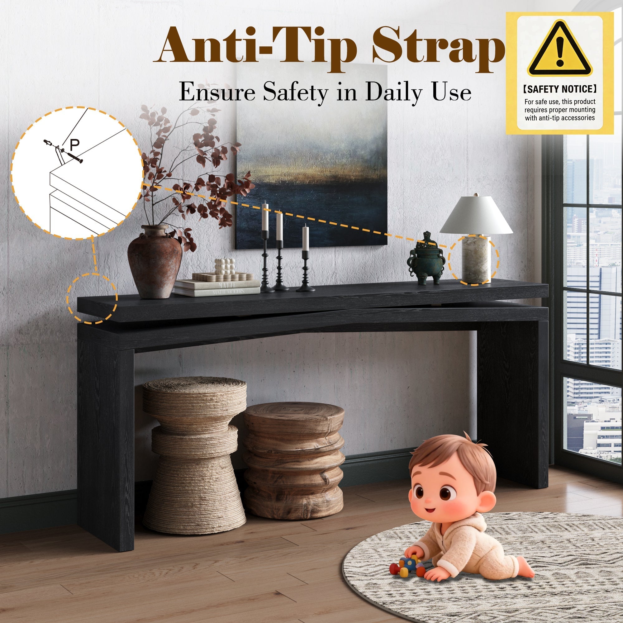 65-Inch Rustic Solid Wood Veneer Console Table