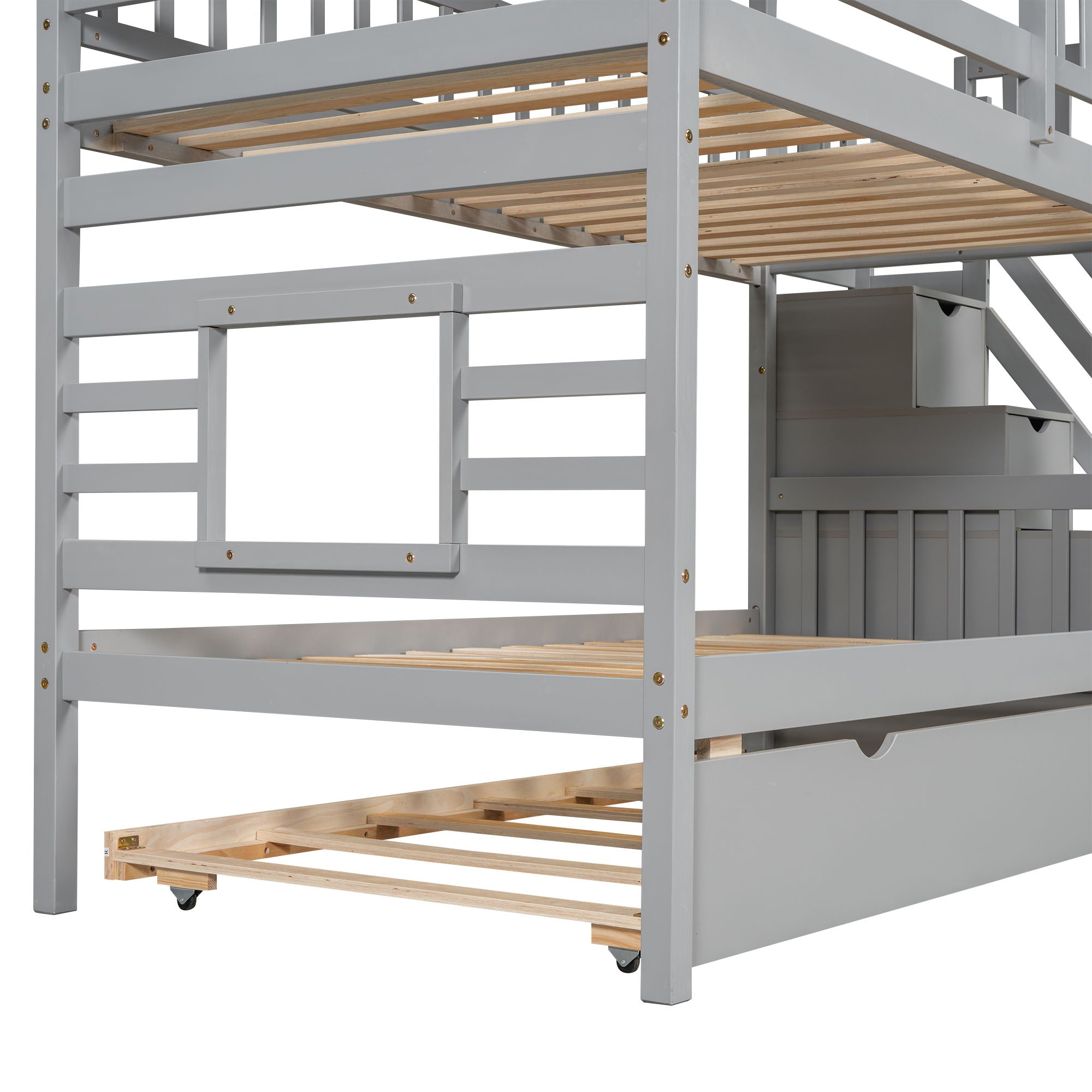 House Bunk Bed With Trundle, Storage Staircase, Roof And Window Design