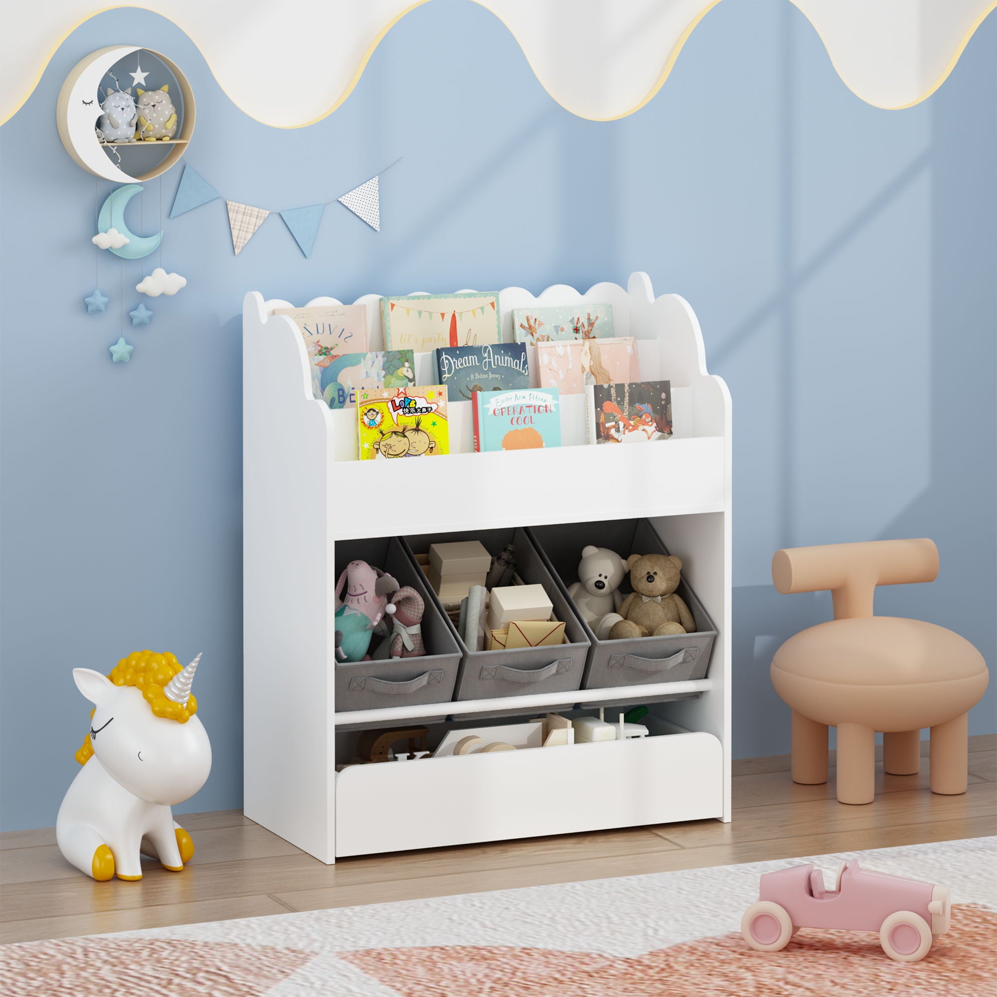 Bookshelf With Storage Bins And Drawer, Multi Functional Book Organizer For Toddlers - White