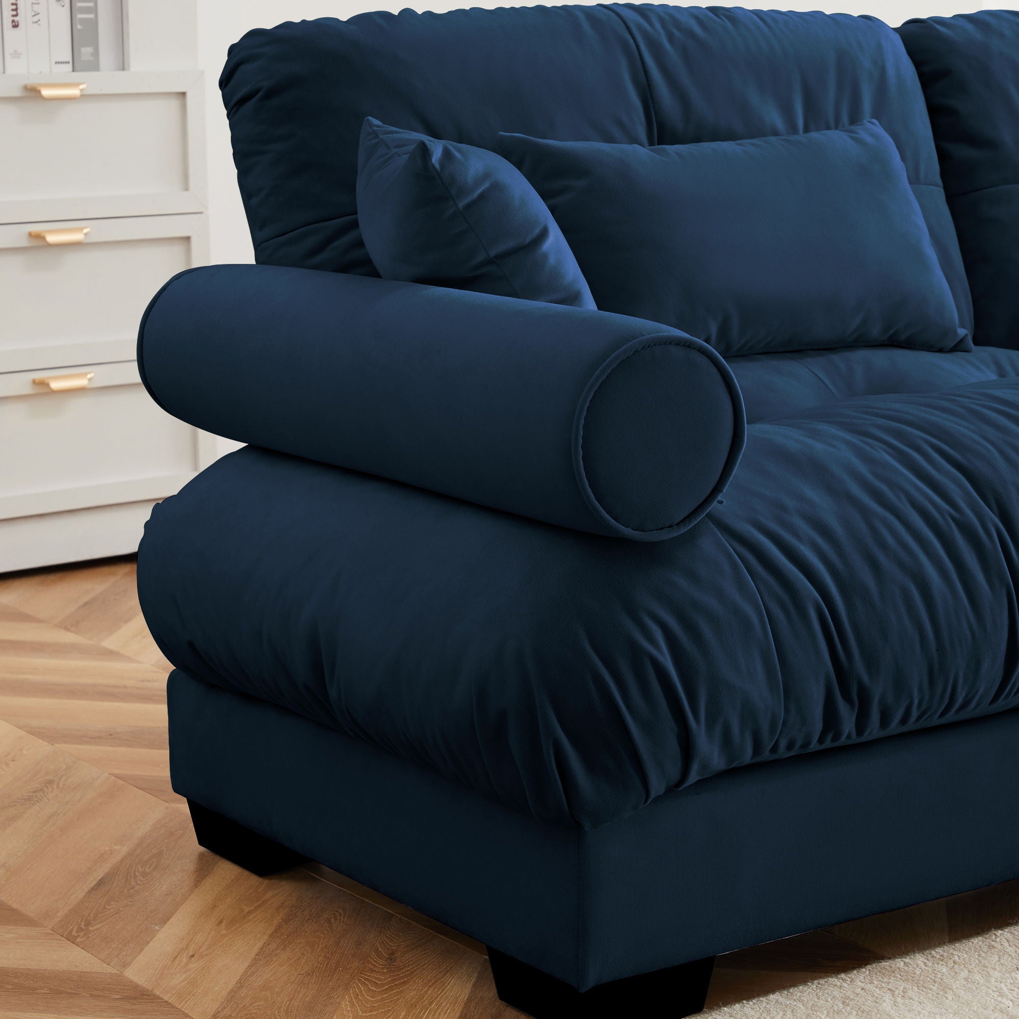 Modern Sectional Sofa With Ottoman, Round Bolster Armrests, Waist And Throw Pillows