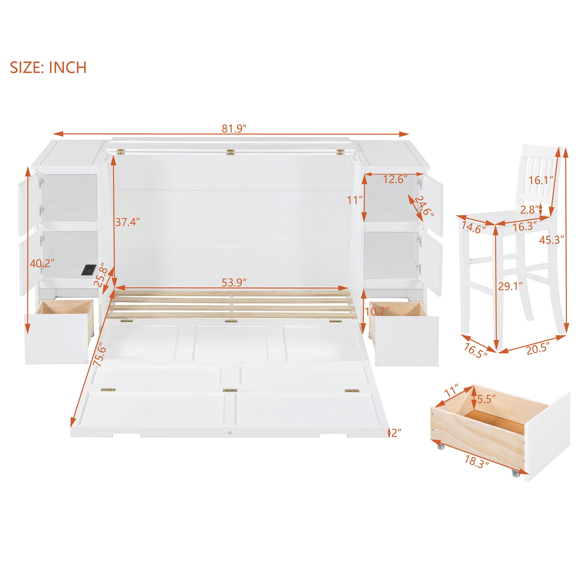 Murphy Bed With Drawers, Cabinets, And USB Ports