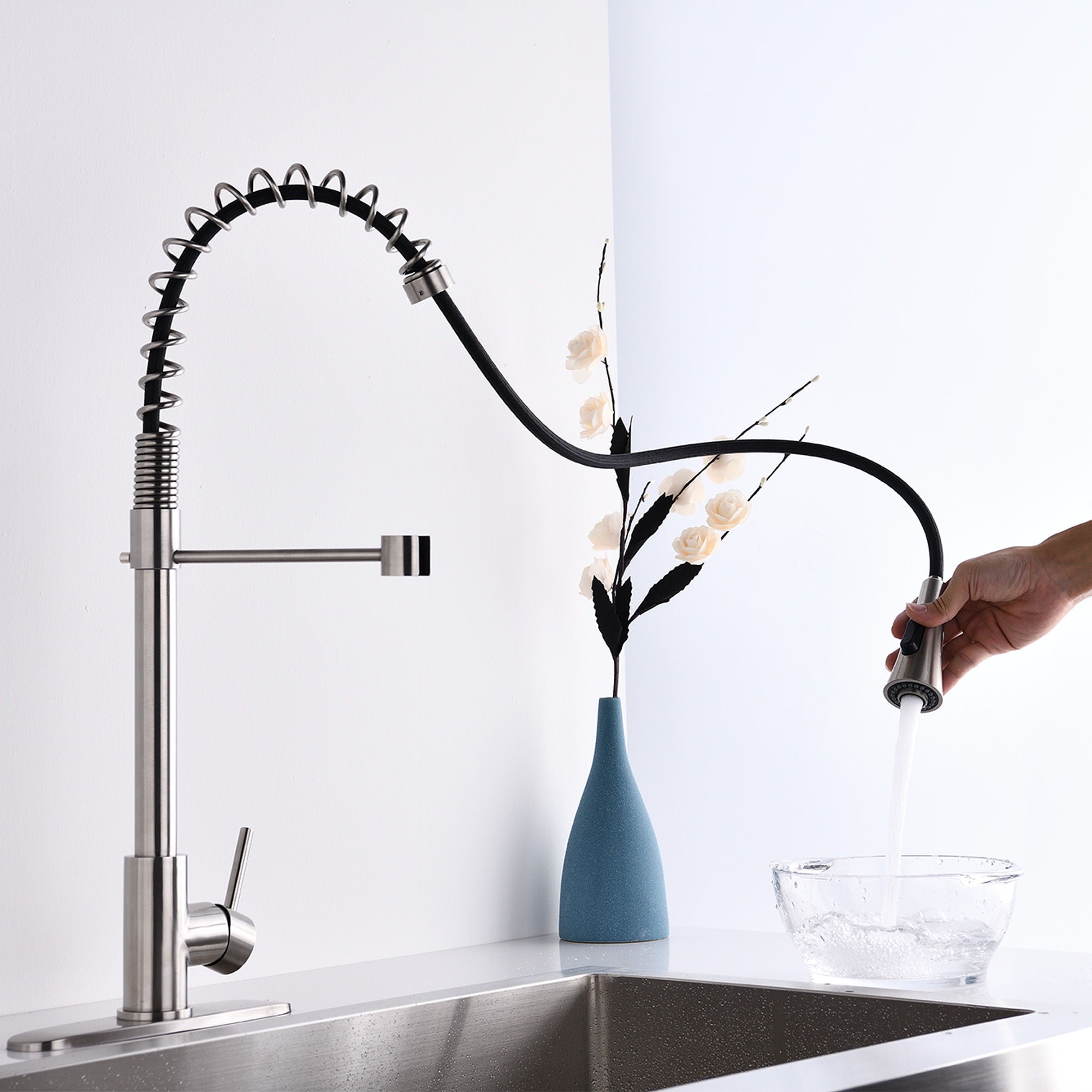 Modern Single Handle Spring High Arc Kitchen Faucet With Water Filter System, Stainless Steel - Brushed Nickel