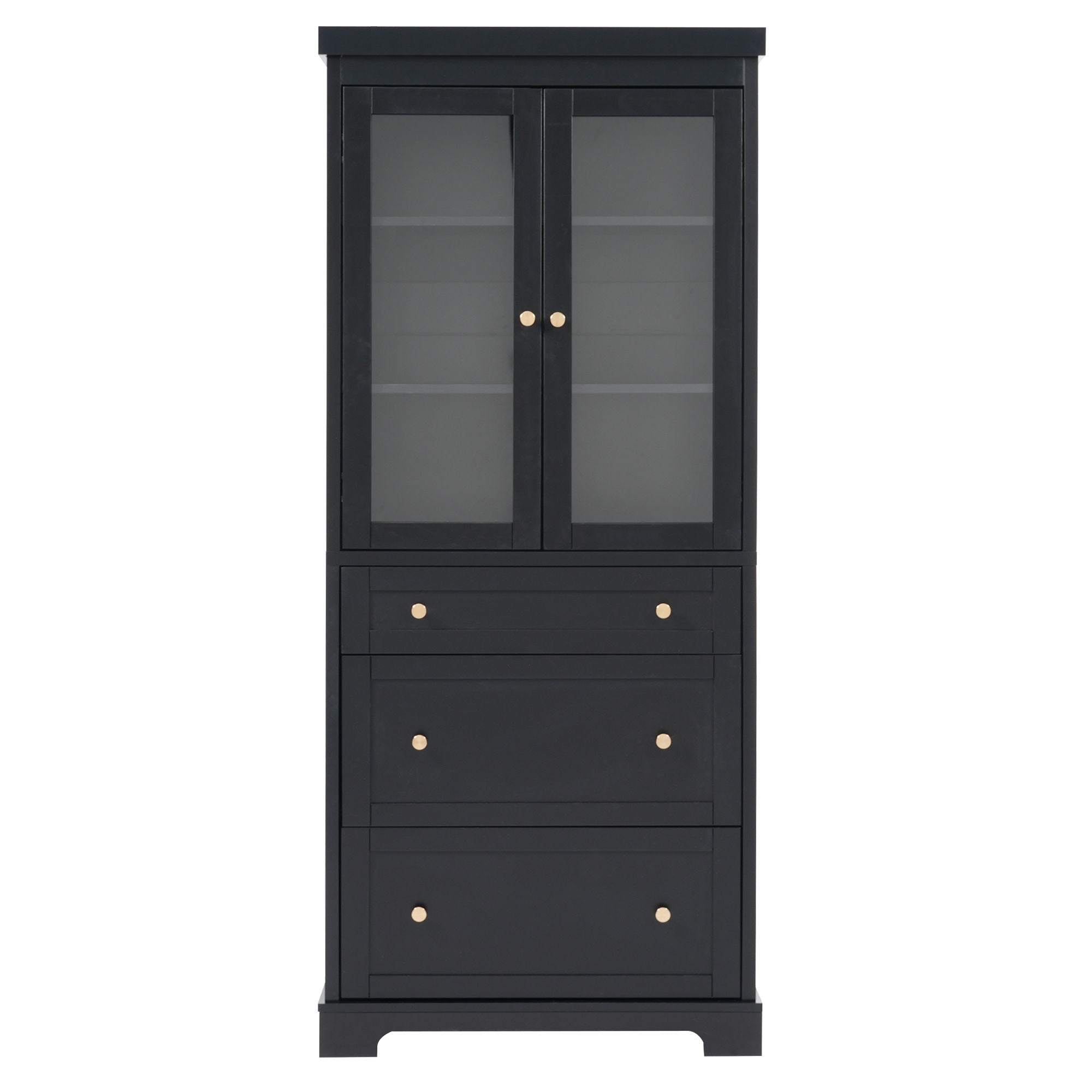 Freestanding Tall Bathroom Cabinet With Adjustable Shelves, Drawers, Soft Close Glass Doors - Black