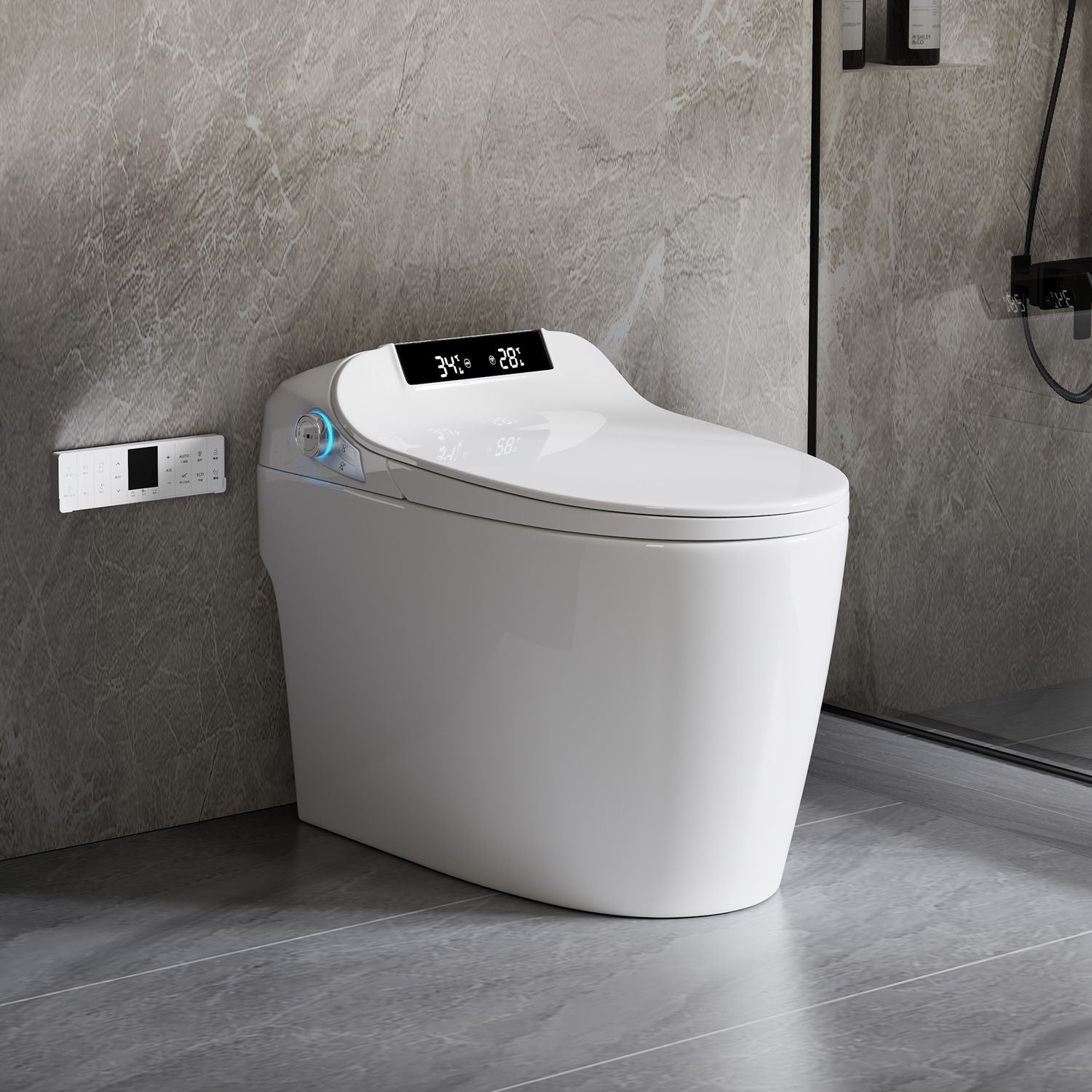 Smart Toilet Bidet Combo With Foot Sensor Open Cover / Seat, Self Cleaning Nozzle, LED Display, Three Level Heated Seat / Airflow, Night Light, Knob Control, Soft Close, Auto Flush, With Remote Control - Gloss White