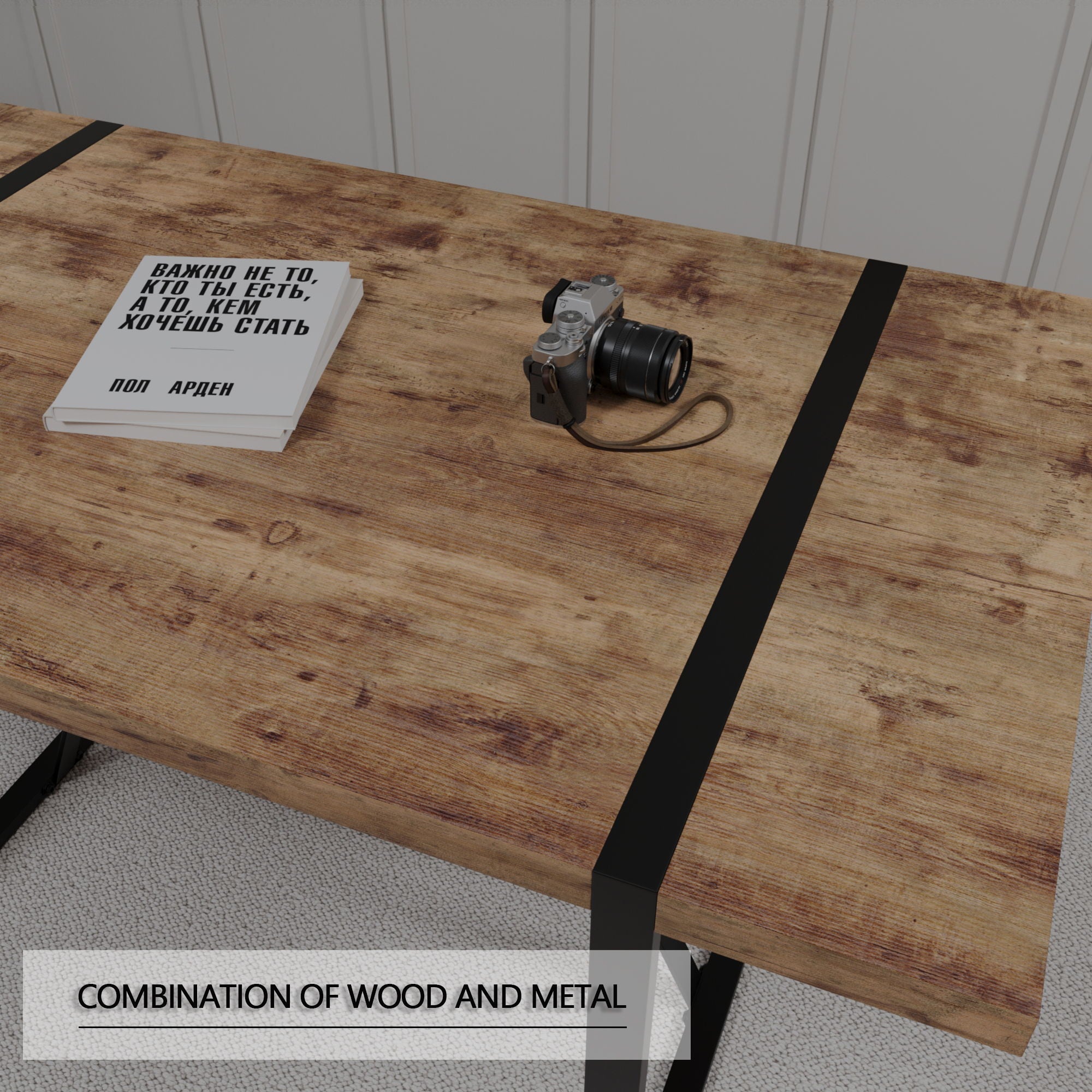 Modern Rural Industrial Dining Table, 55" Rectangular Wood With Metal Legs, Seats 4 - 6 - Wood