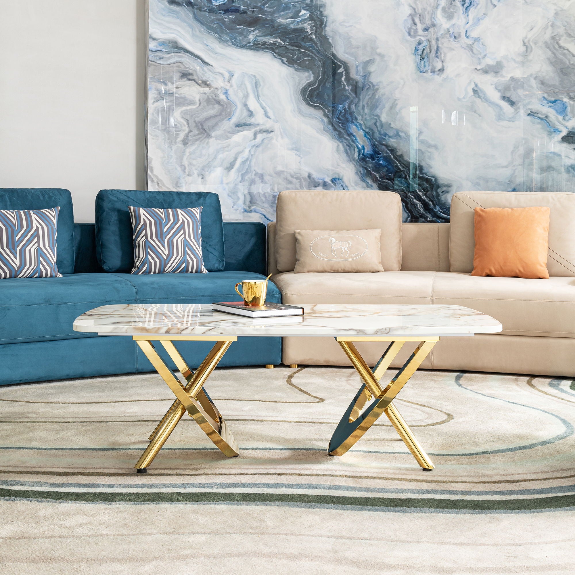 Contemporary Marble Pattern Top Table With Stainless Steel Base