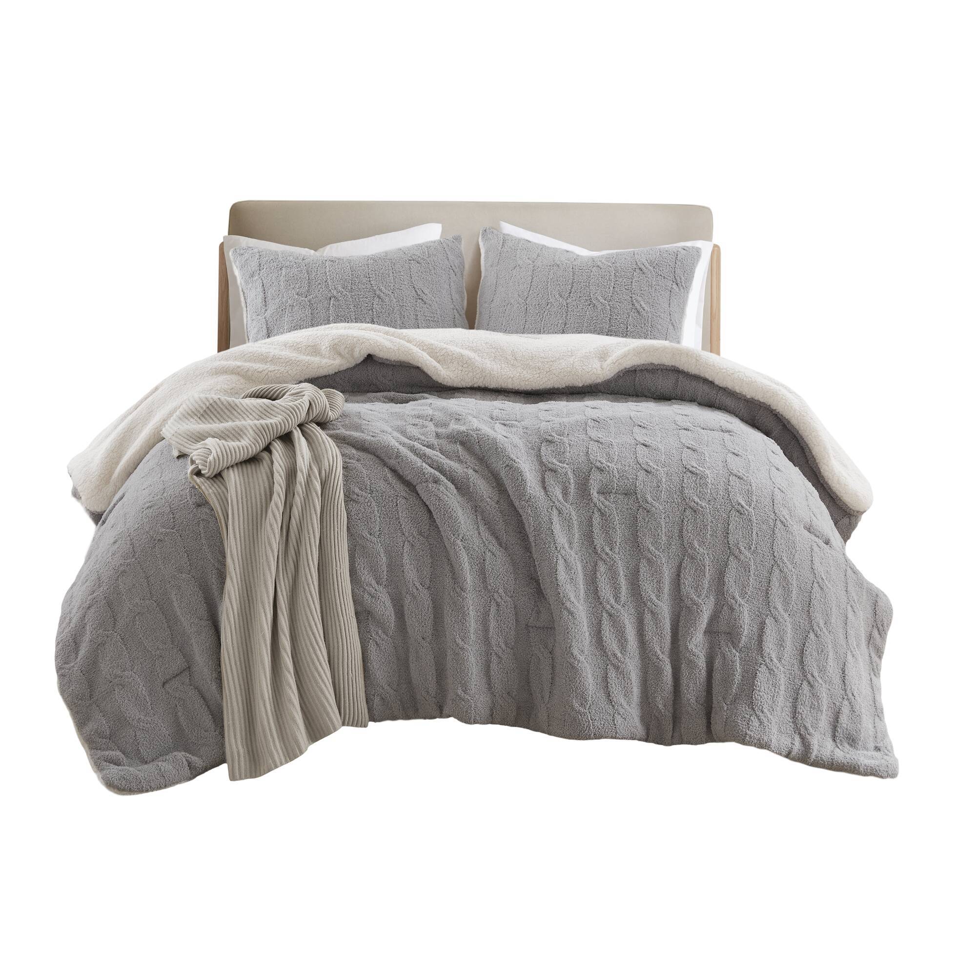 3 Pieces Full/Queen Cable Knit Chenille Comforter Set Gray